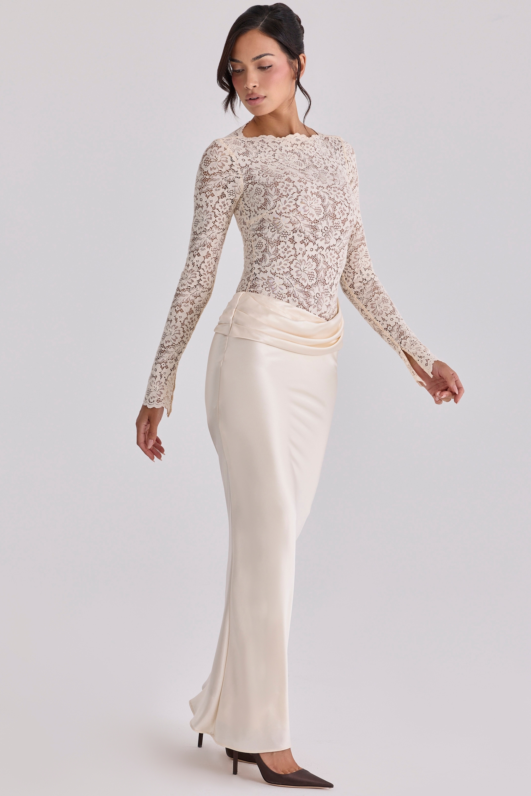 Pleat Lace Long Sleeve Bodycon Maxi Dress