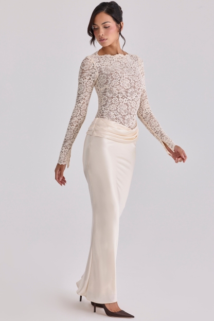 Pleat Lace Long Sleeve Bodycon Maxi Dress
