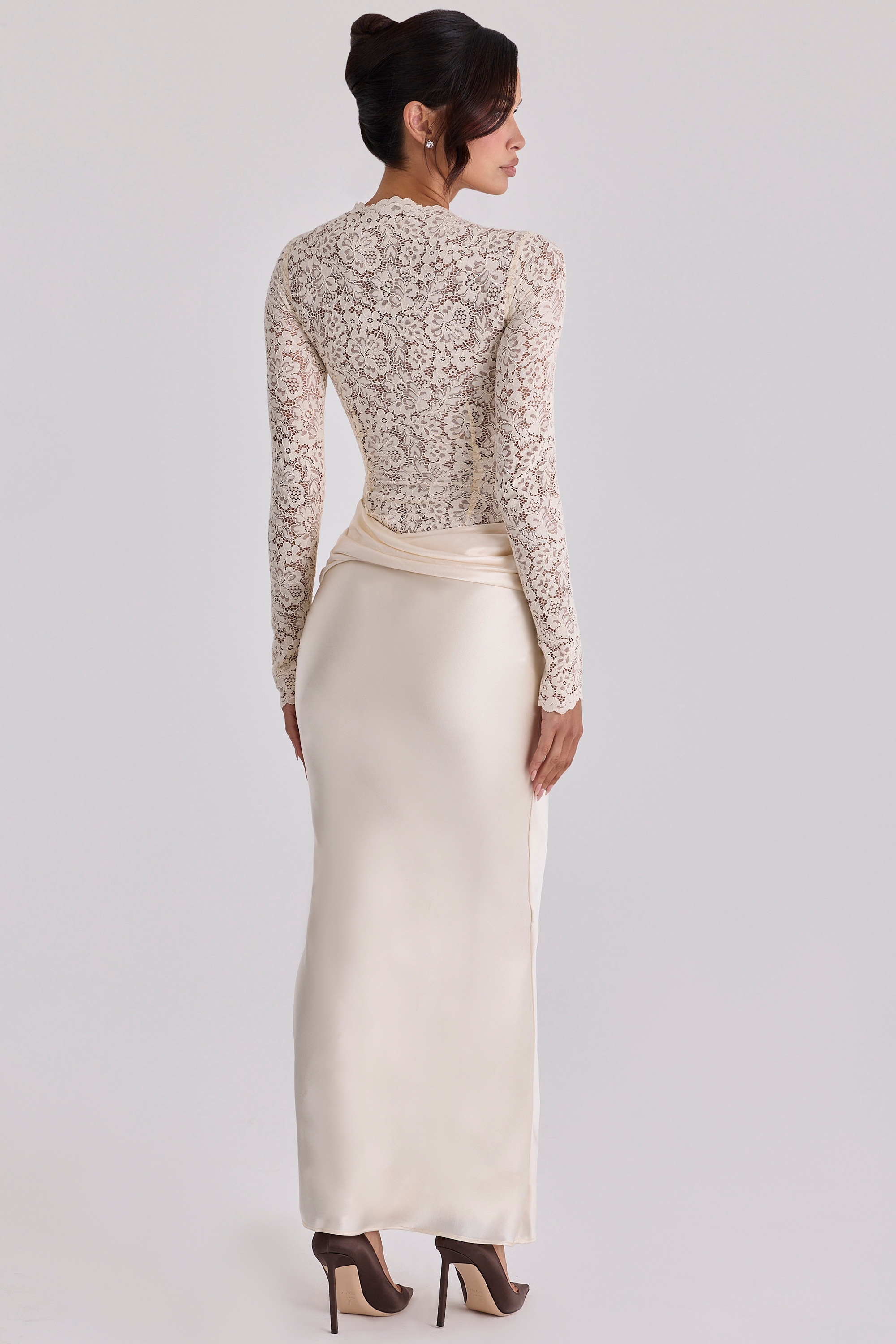 Pleat Lace Long Sleeve Bodycon Maxi Dress