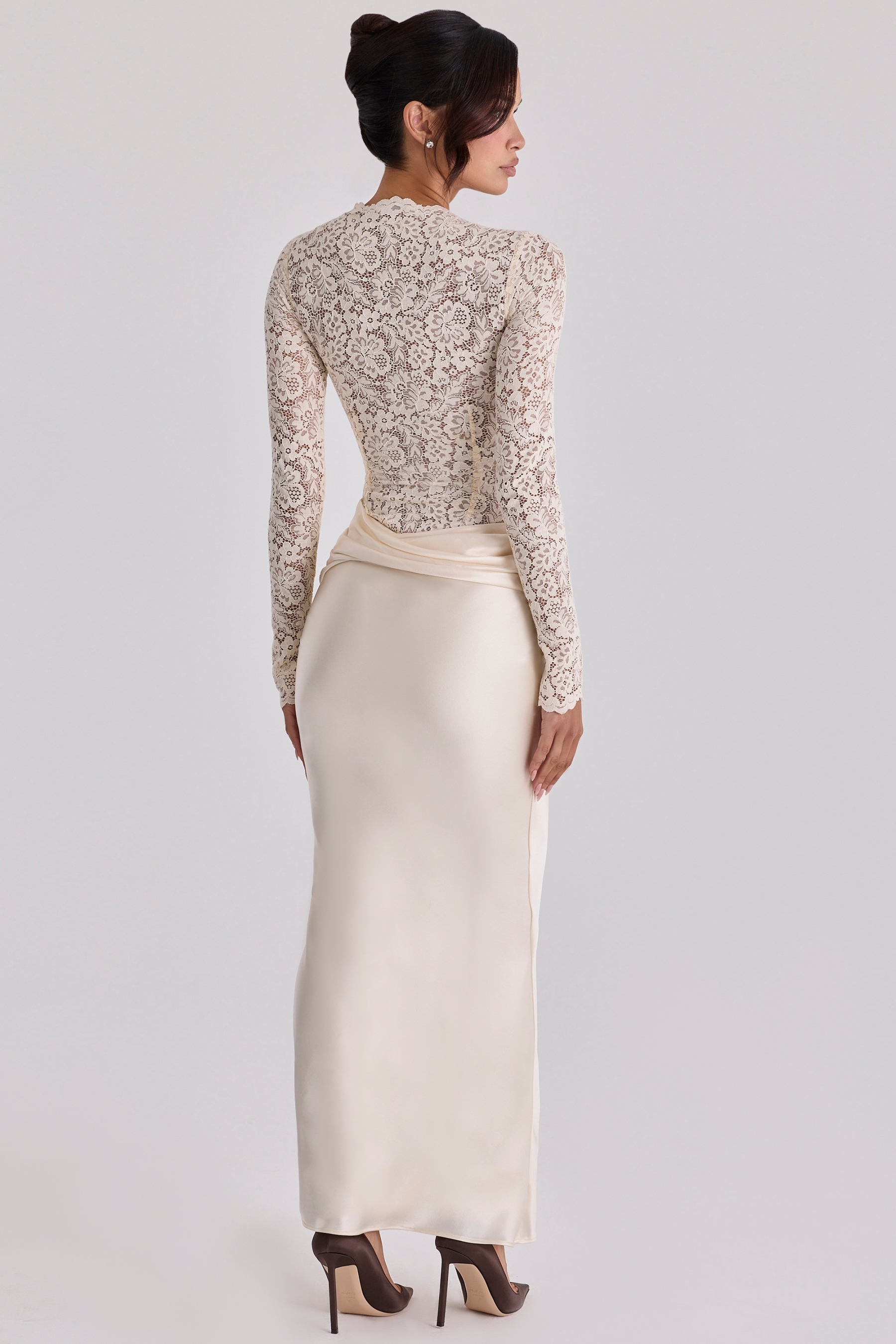 Pleat Lace Long Sleeve Bodycon Maxi Dress