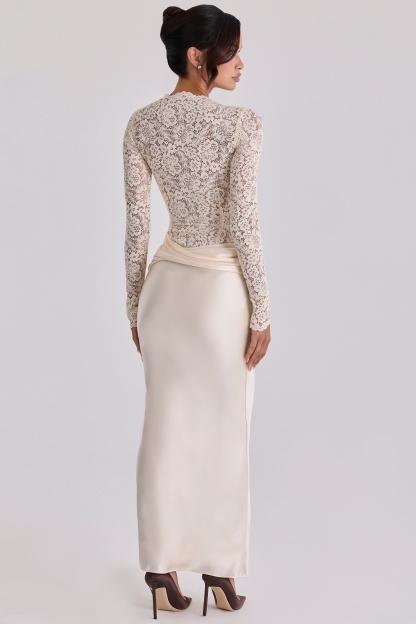 Pleat Lace Long Sleeve Bodycon Maxi Dress