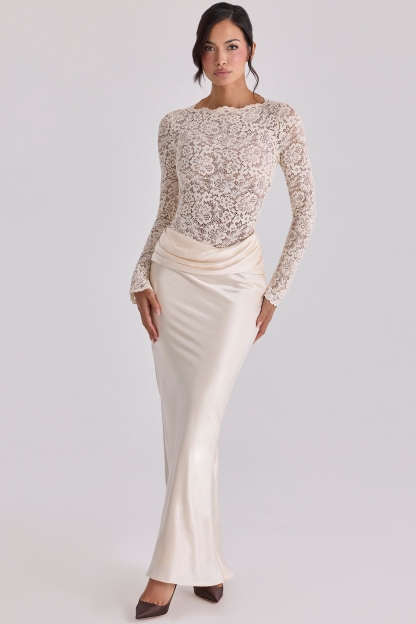 Pleat Lace Long Sleeve Bodycon Maxi Dress