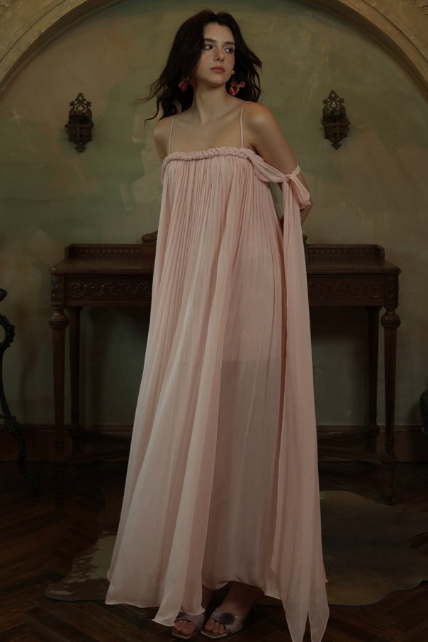 Chiffon Decorative Rope Pleated Maxi Dress