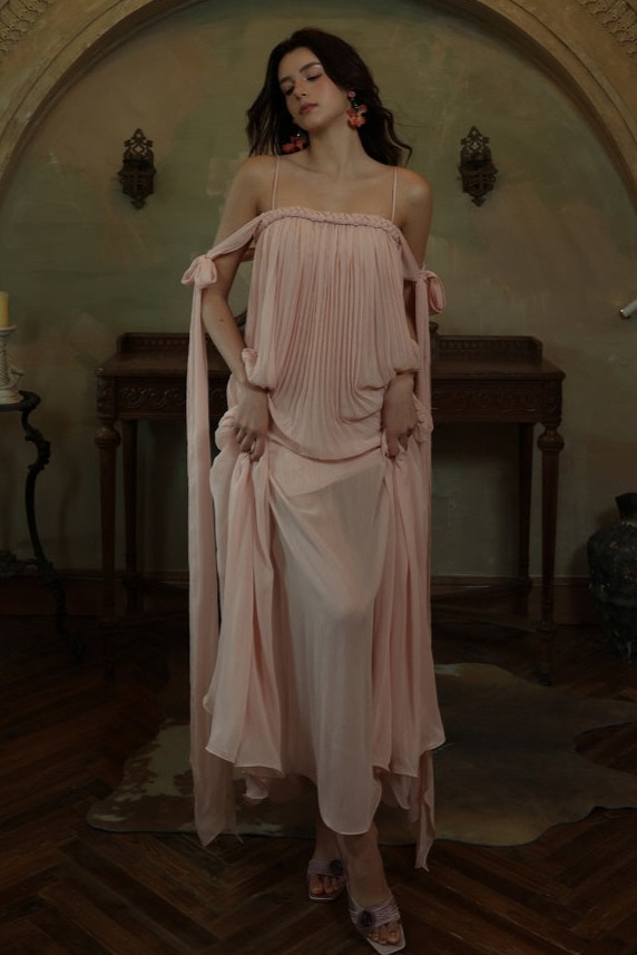 Chiffon Decorative Rope Pleated Maxi Dress
