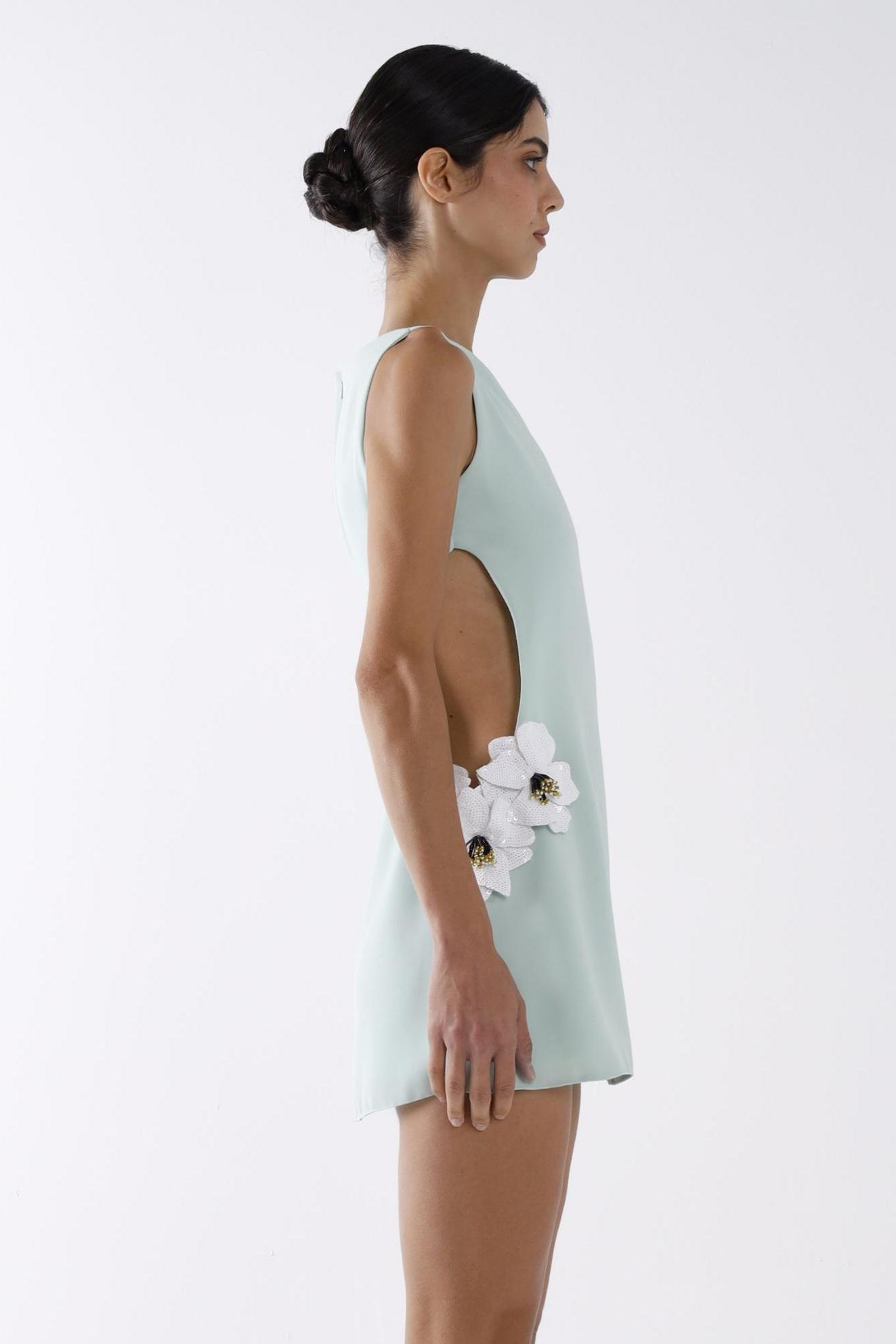 3D Floral Appliqué Cut-Out Mini Dress