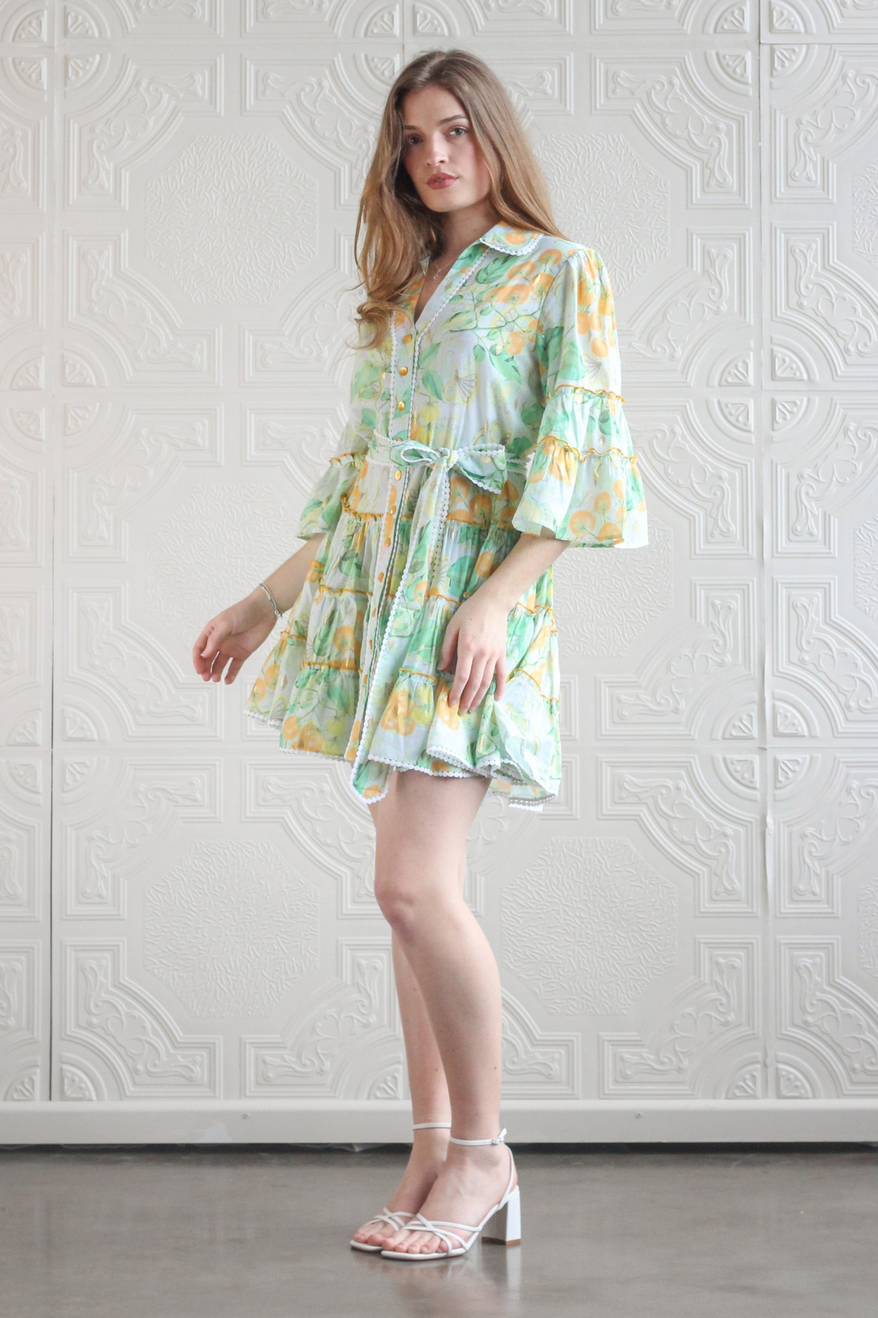 Botanical Print Lace Single Breasted Mini Dress