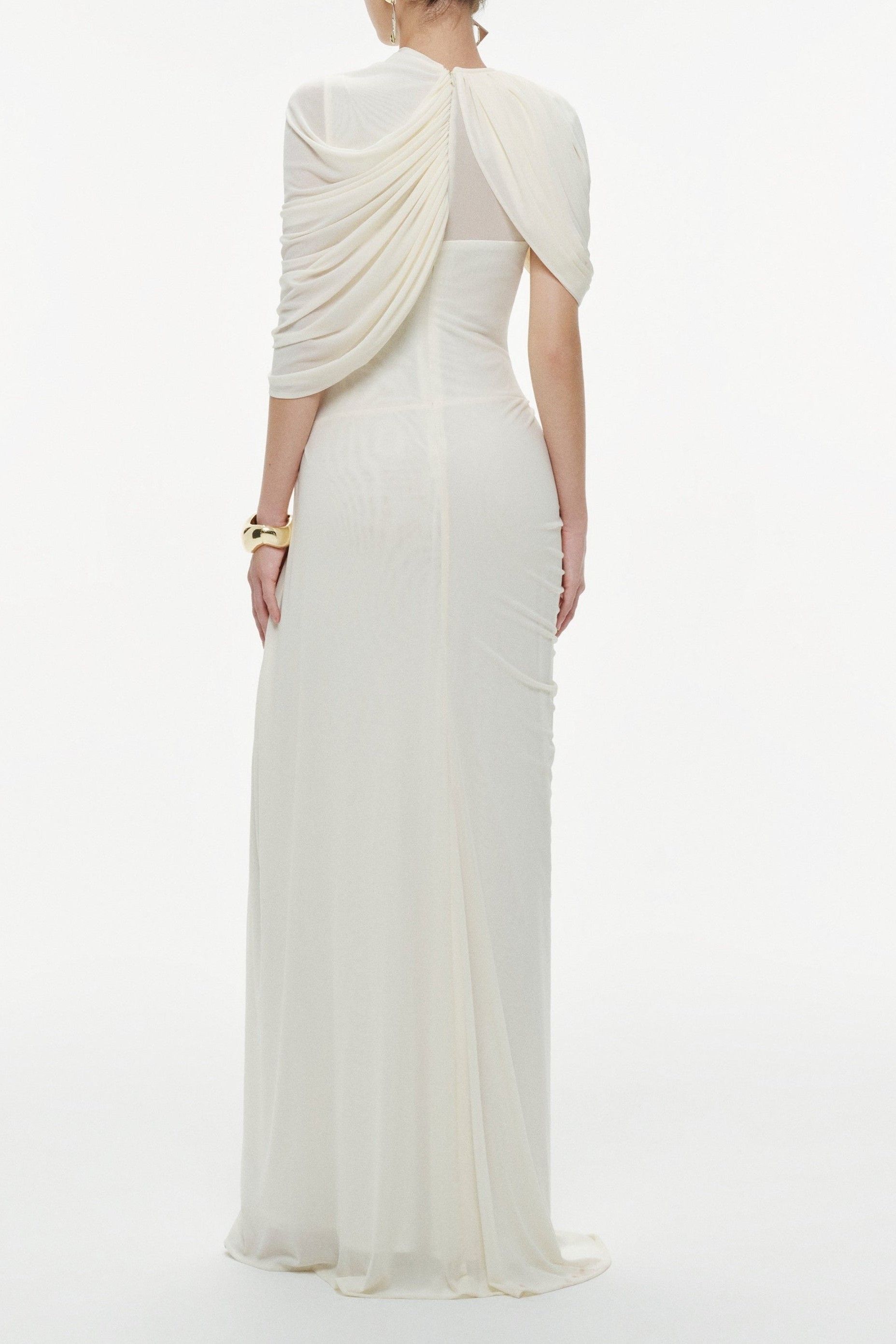 Mesh Ruched Cape Sleeve Maxi Dress
