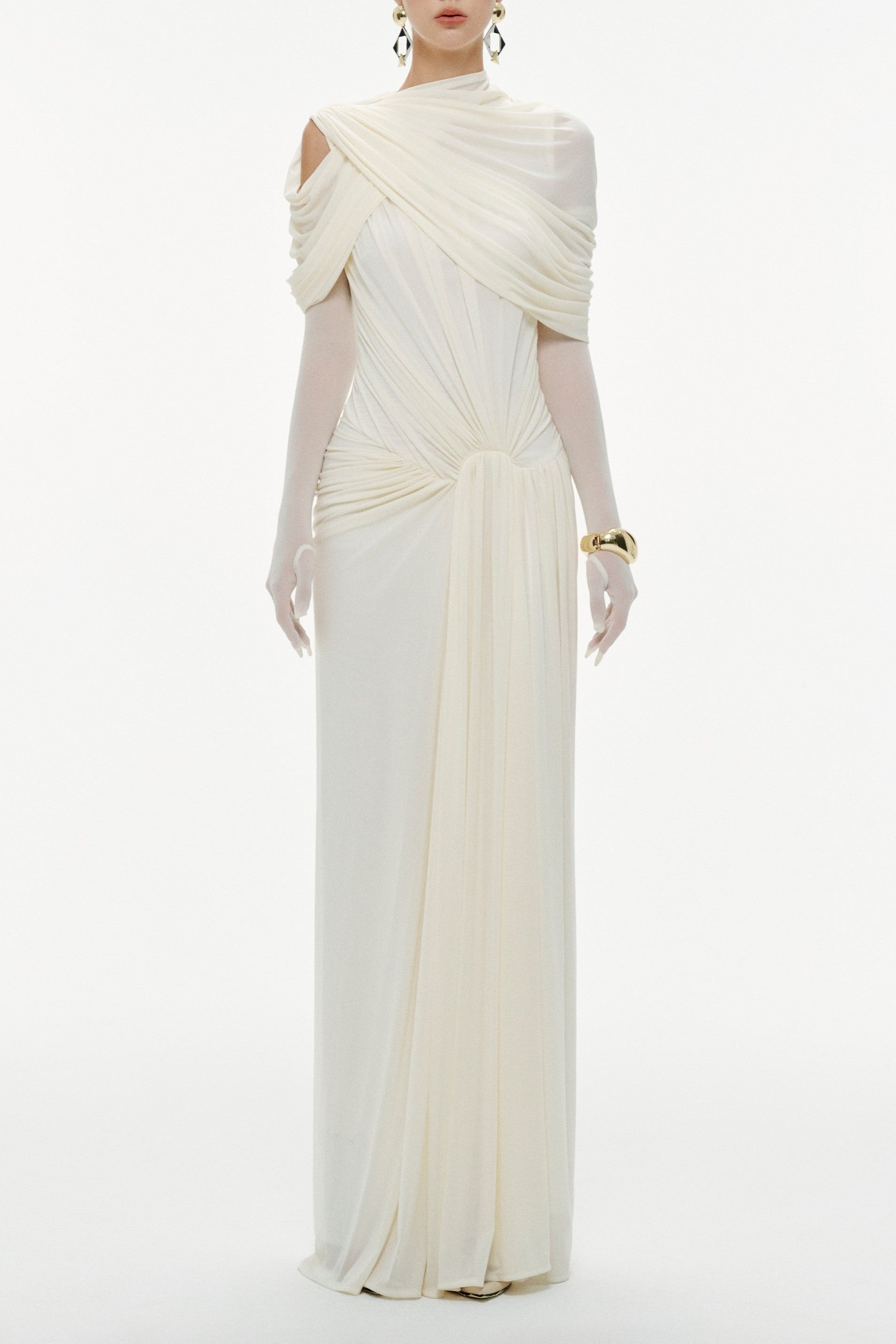 Mesh Ruched Cape Sleeve Maxi Dress