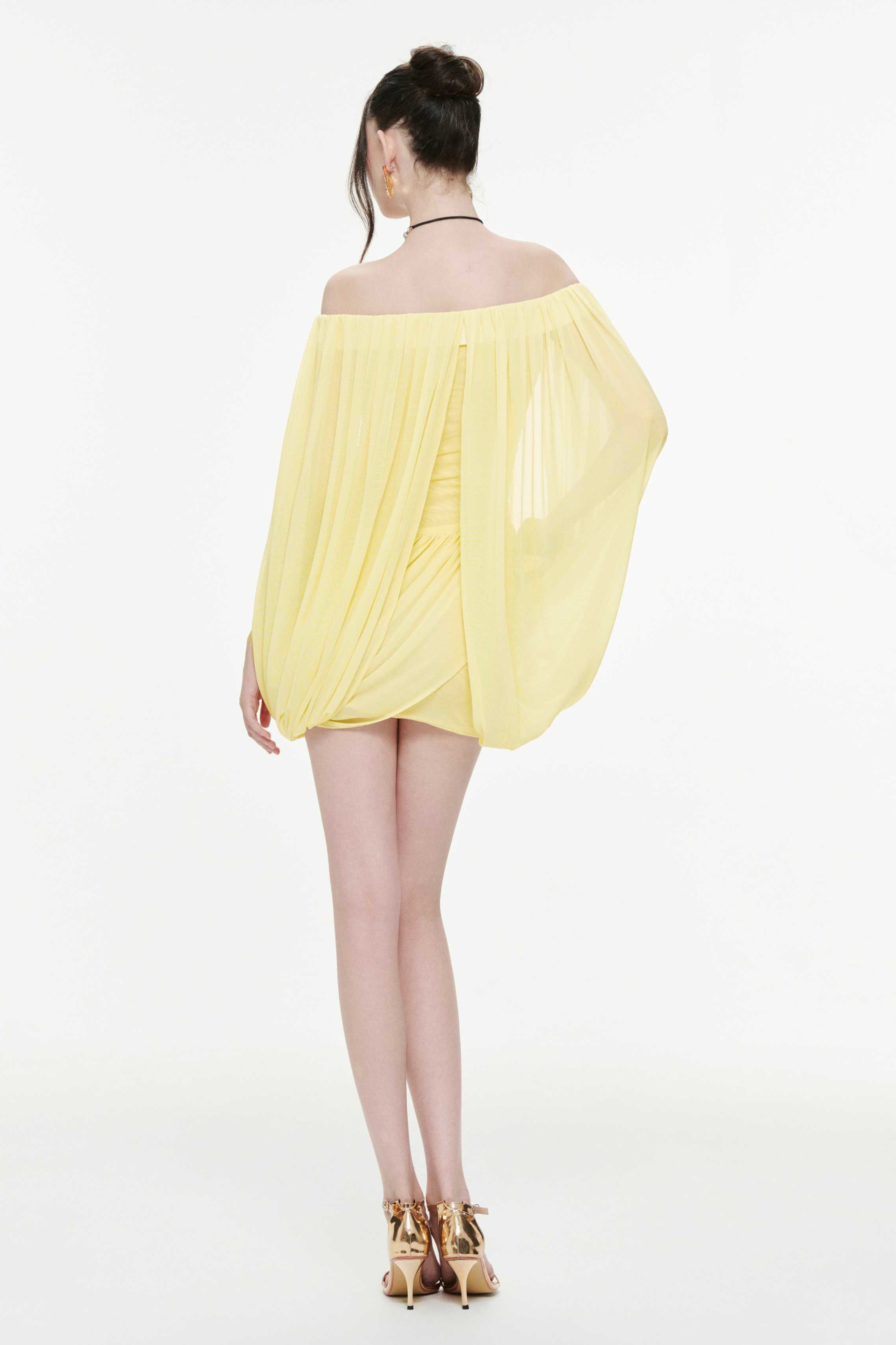 Off Shoulder Cape Gathering Mini Dress