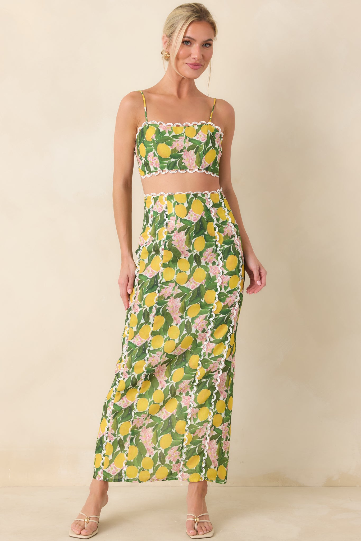 Multi Lemon Blossom Strap Top With Slit Maxi Skrit Set