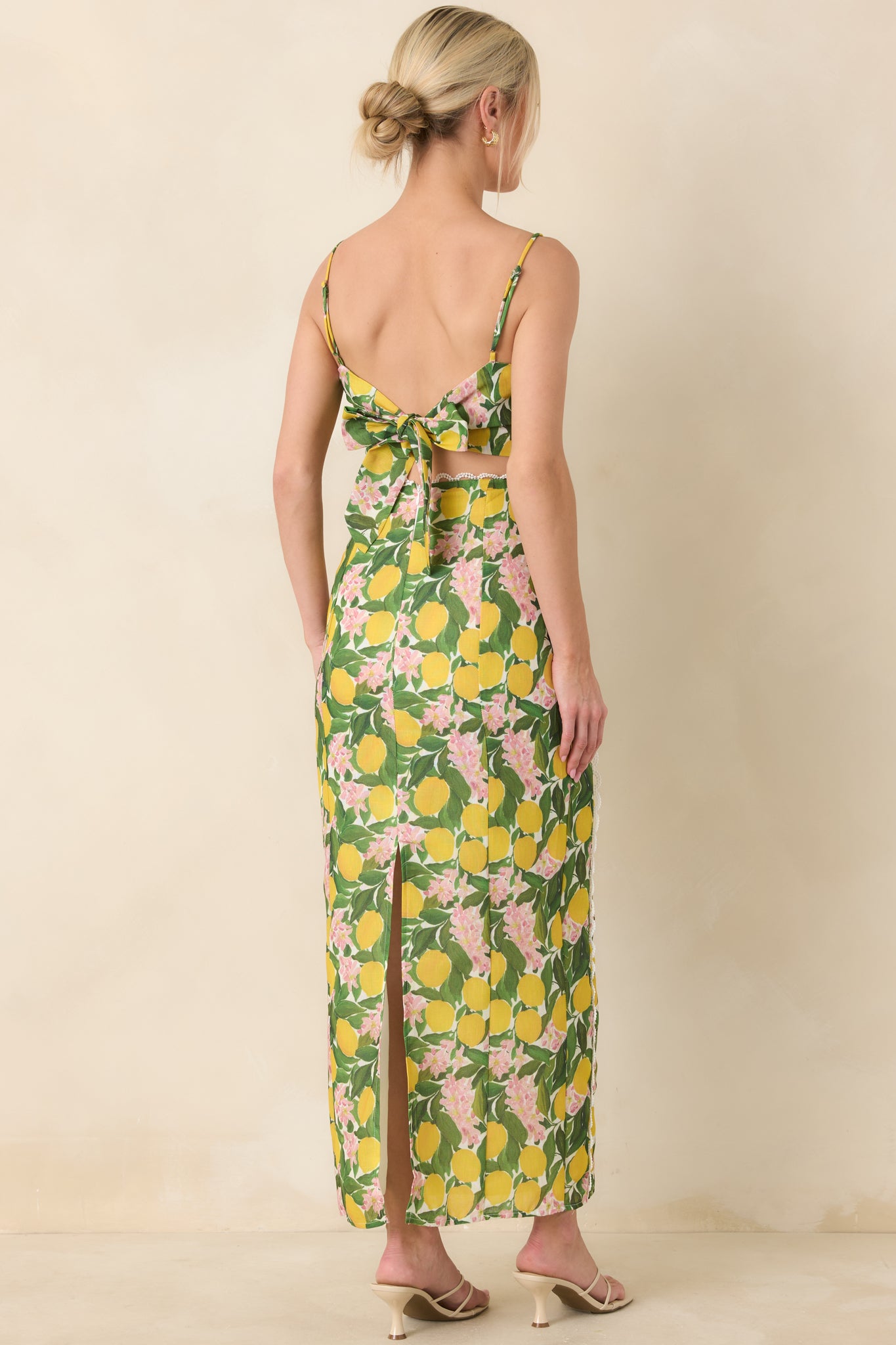 Multi Lemon Blossom Strap Top With Slit Maxi Skrit Set