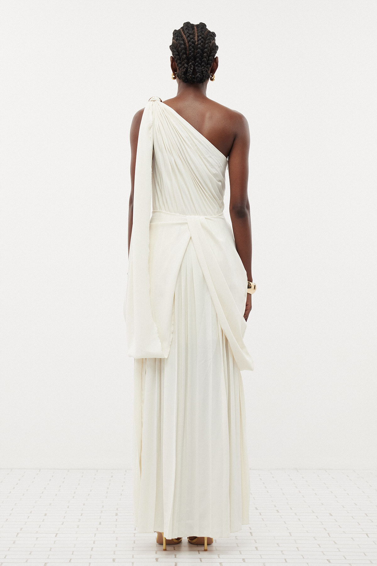 One Shoulder Ruched Metal Button Bodycon Maxi Dress