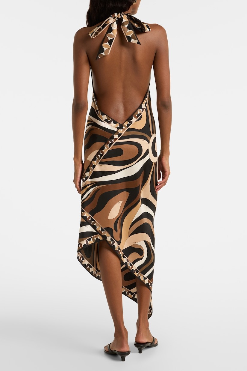 Scarf Print Halter Neck Backless Midi Dress