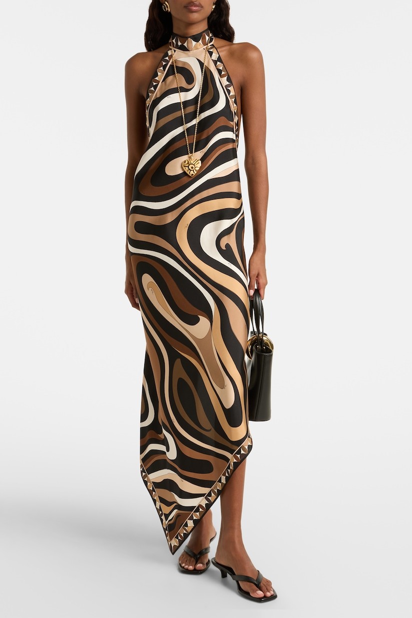 Scarf Print Halter Neck Backless Midi Dress
