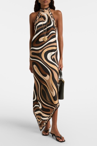 Scarf Print Halter Neck Backless Midi Dress