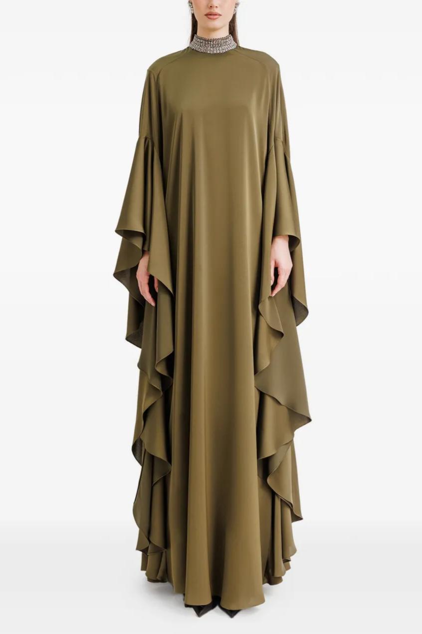 Rhinestone Bell Sleeve Ruffle Maxi Dress