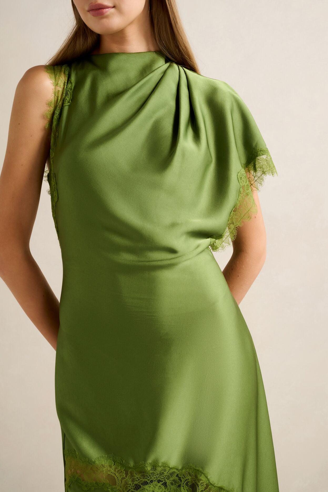 Satin Lace Asymmetrical Sleeve Midi Dress