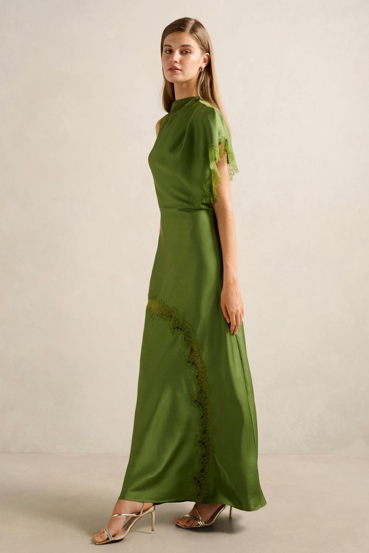 Satin Lace Asymmetrical Sleeve Midi Dress