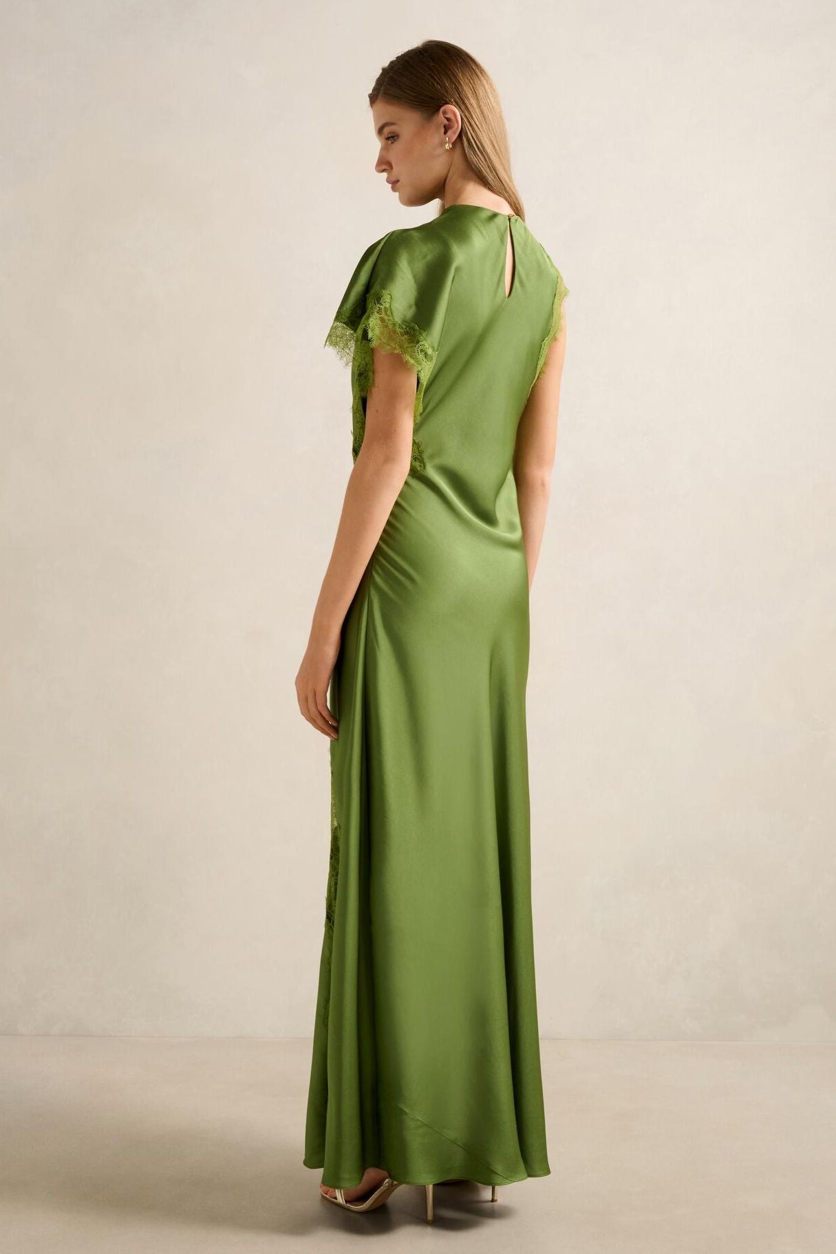 Satin Lace Asymmetrical Sleeve Midi Dress