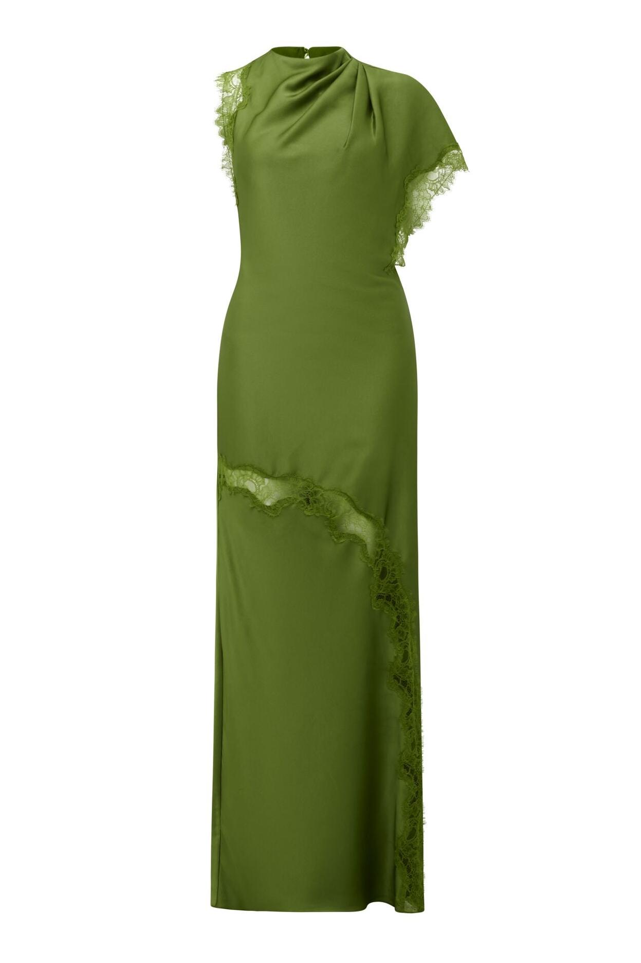 Satin Lace Asymmetrical Sleeve Midi Dress