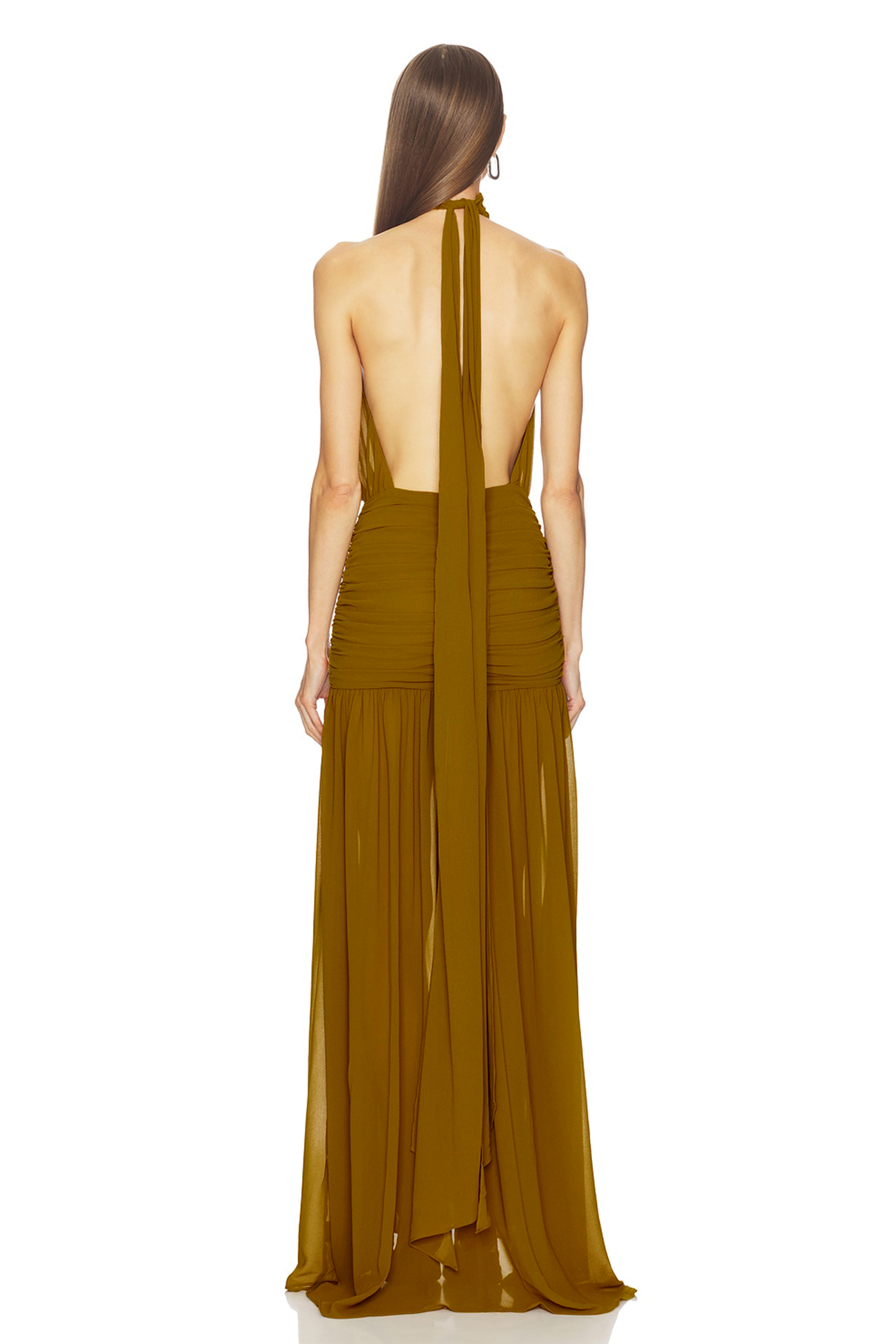 Gathering Solid Halter Neck Maxi Dress