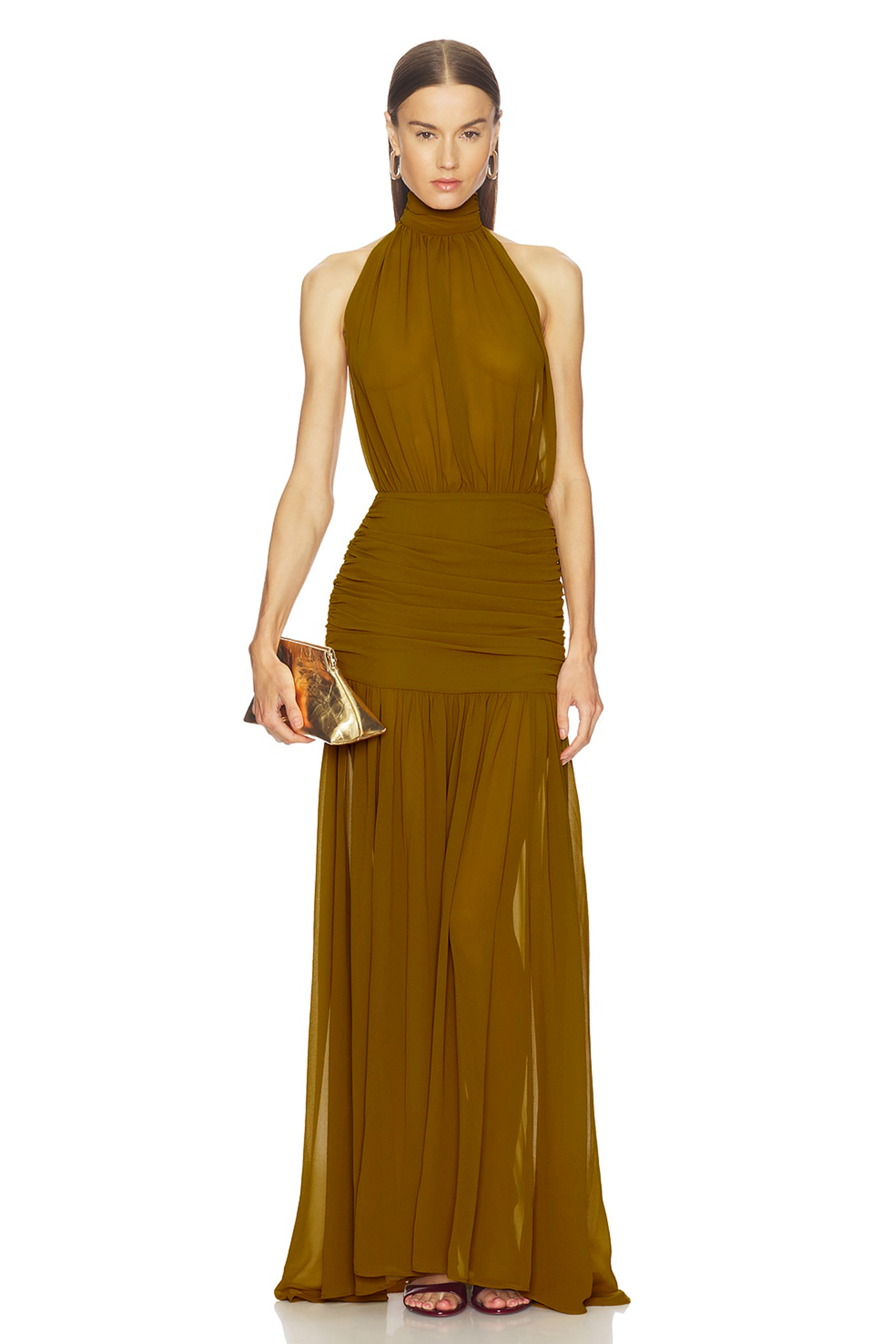 Gathering Solid Halter Neck Maxi Dress