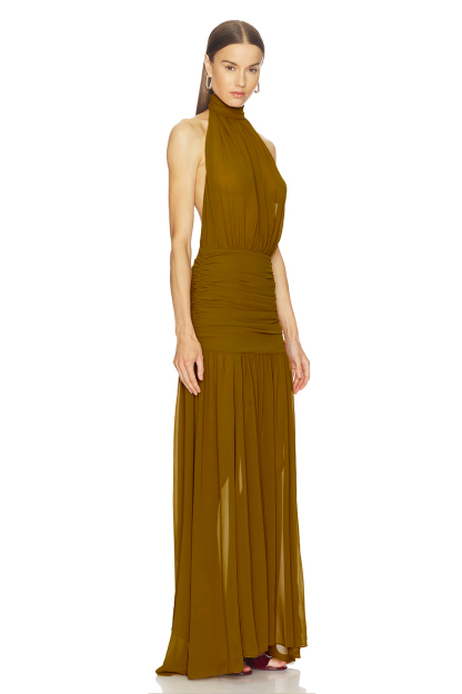Gathering Solid Halter Neck Maxi Dress