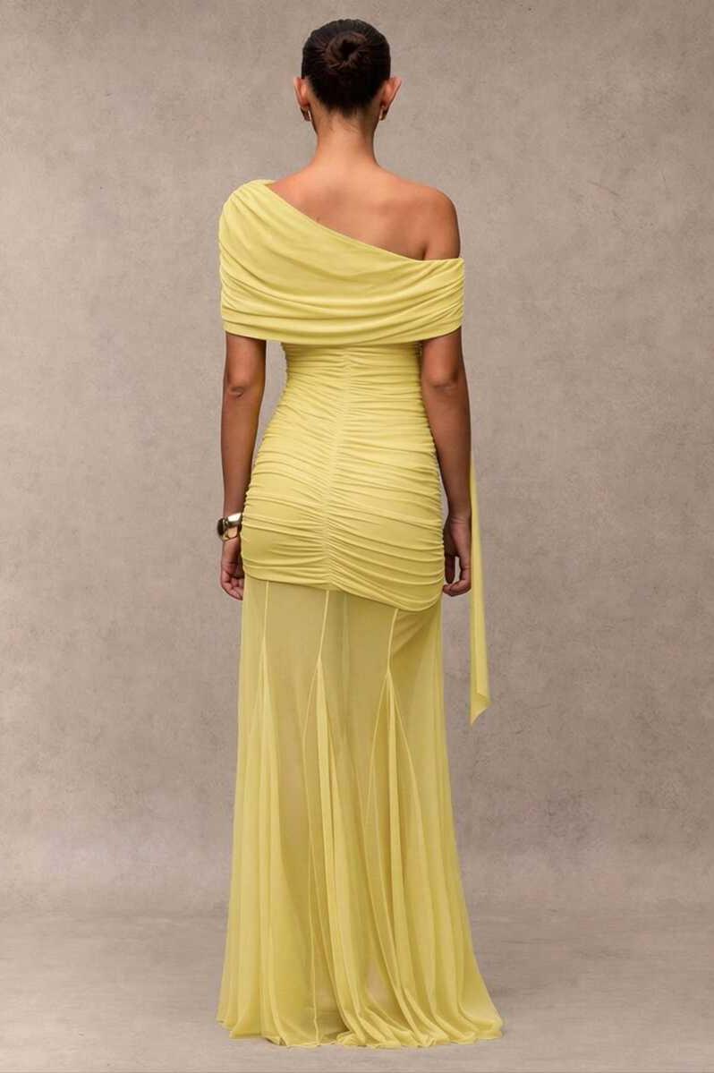 Gathering Solid Asymmetrical Neck Maxi Dress