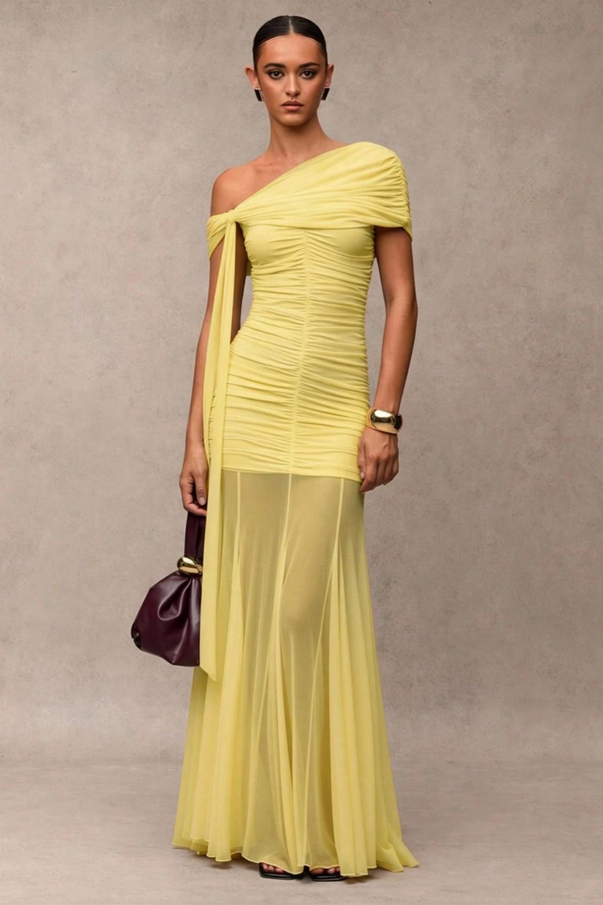 Gathering Solid Asymmetrical Neck Maxi Dress