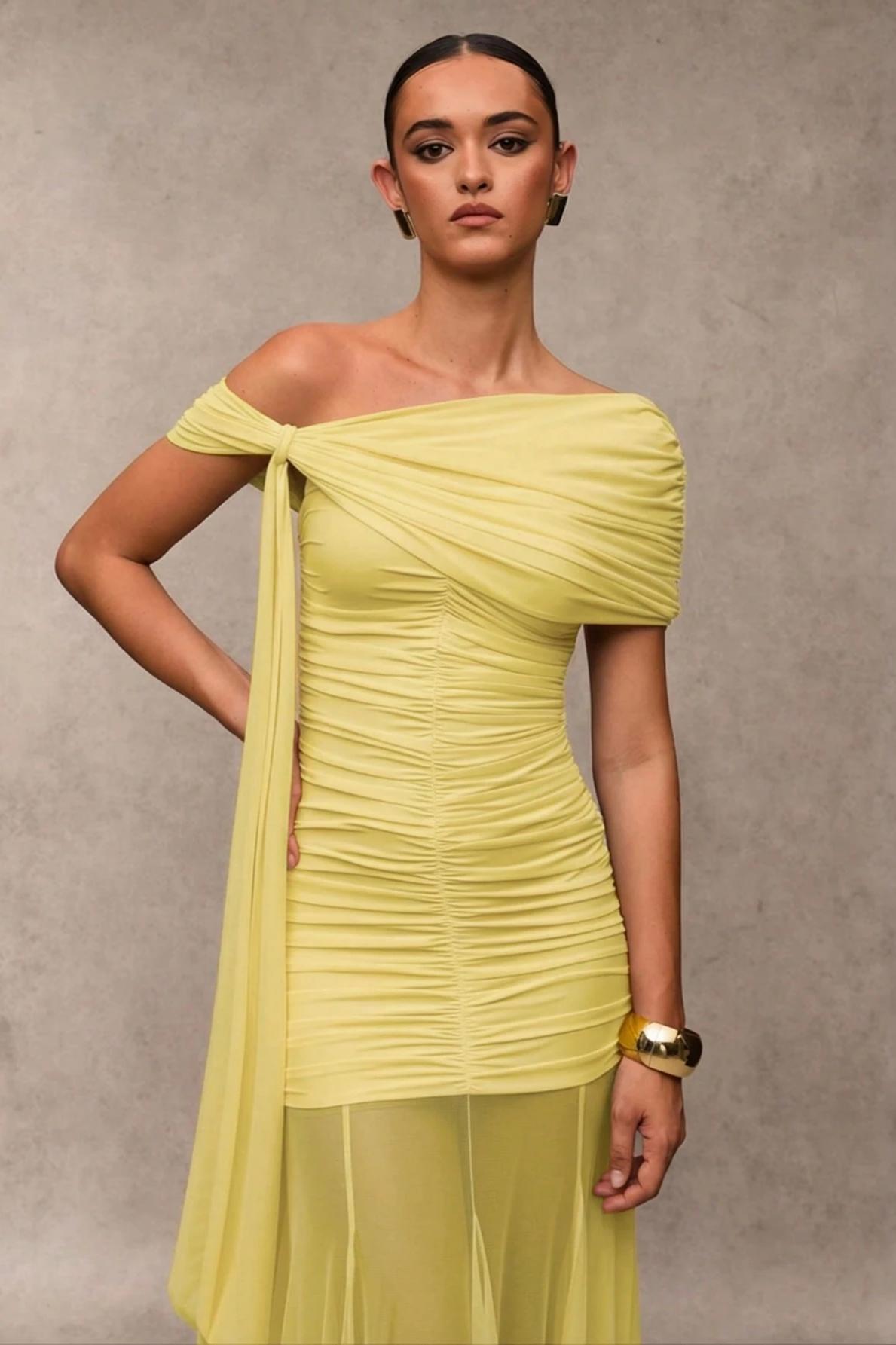 Gathering Solid Asymmetrical Neck Maxi Dress