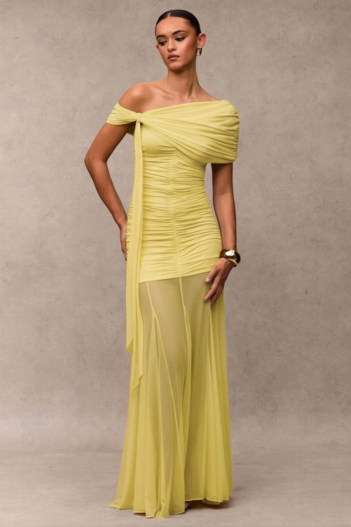 Gathering Solid Asymmetrical Neck Maxi Dress