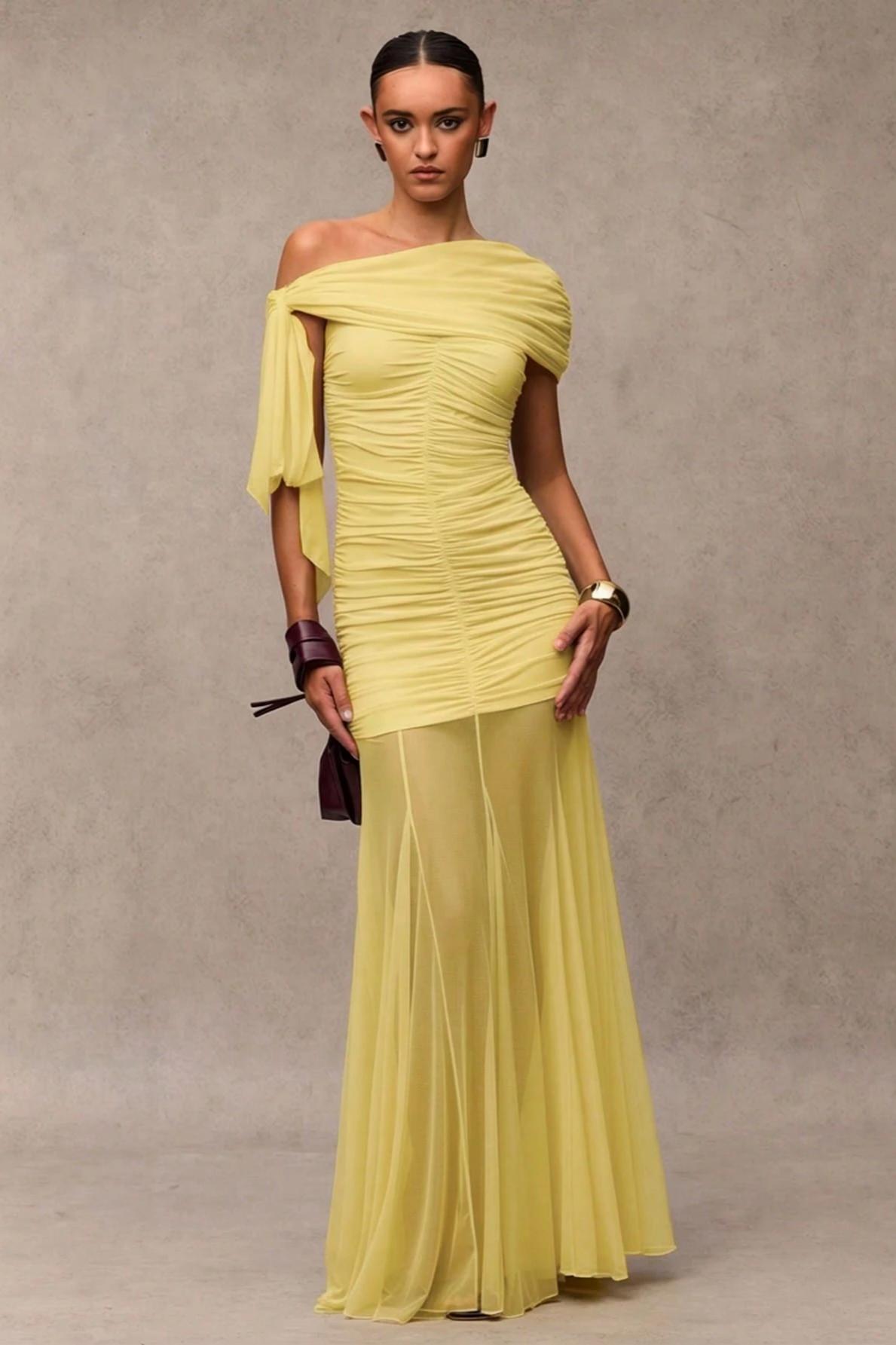 Gathering Solid Asymmetrical Neck Maxi Dress