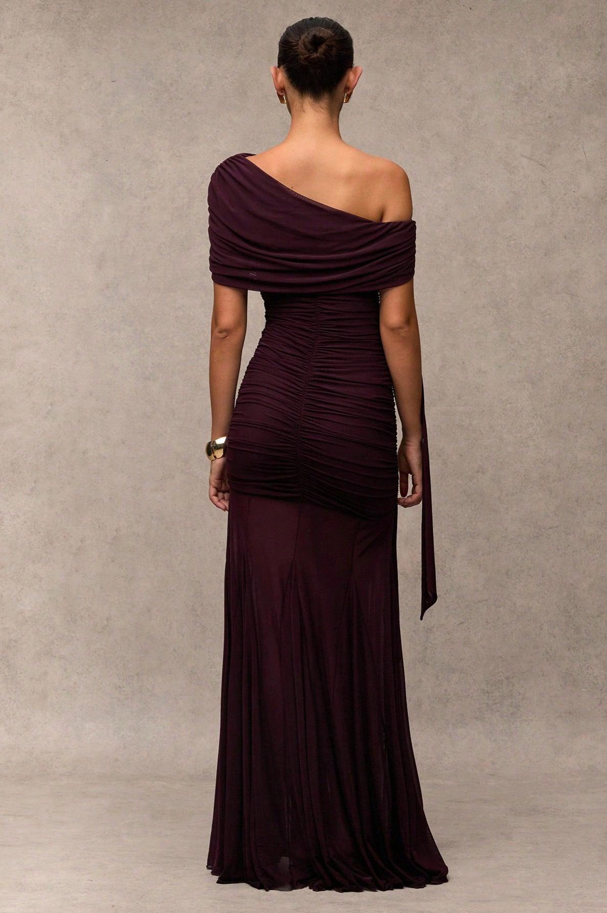 Gathering Solid Asymmetrical Neck Maxi Dress