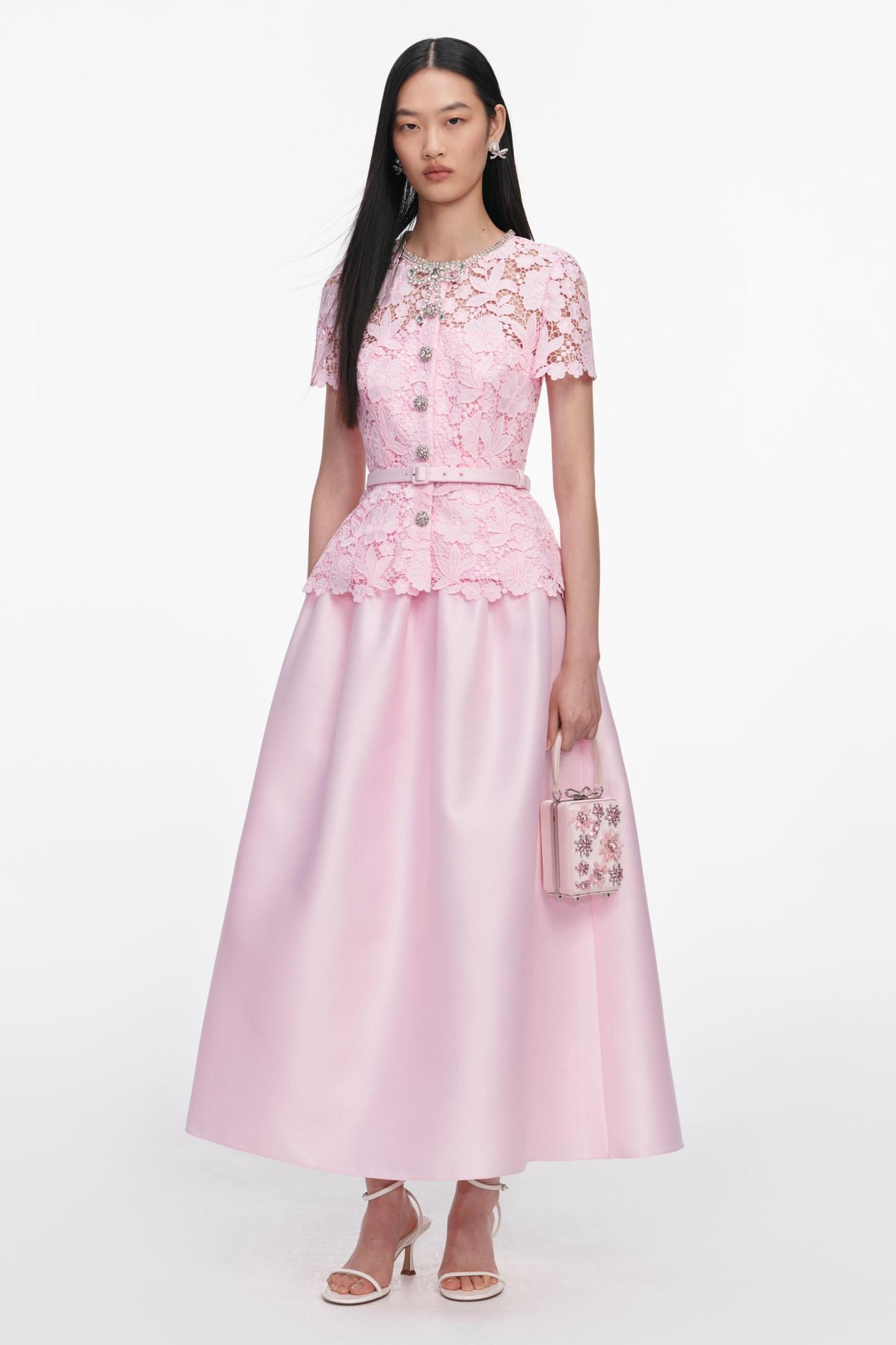 Lace Button Midi Dress With Belt