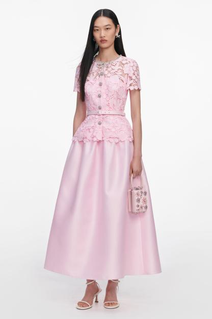 Lace Button Midi Dress With Belt