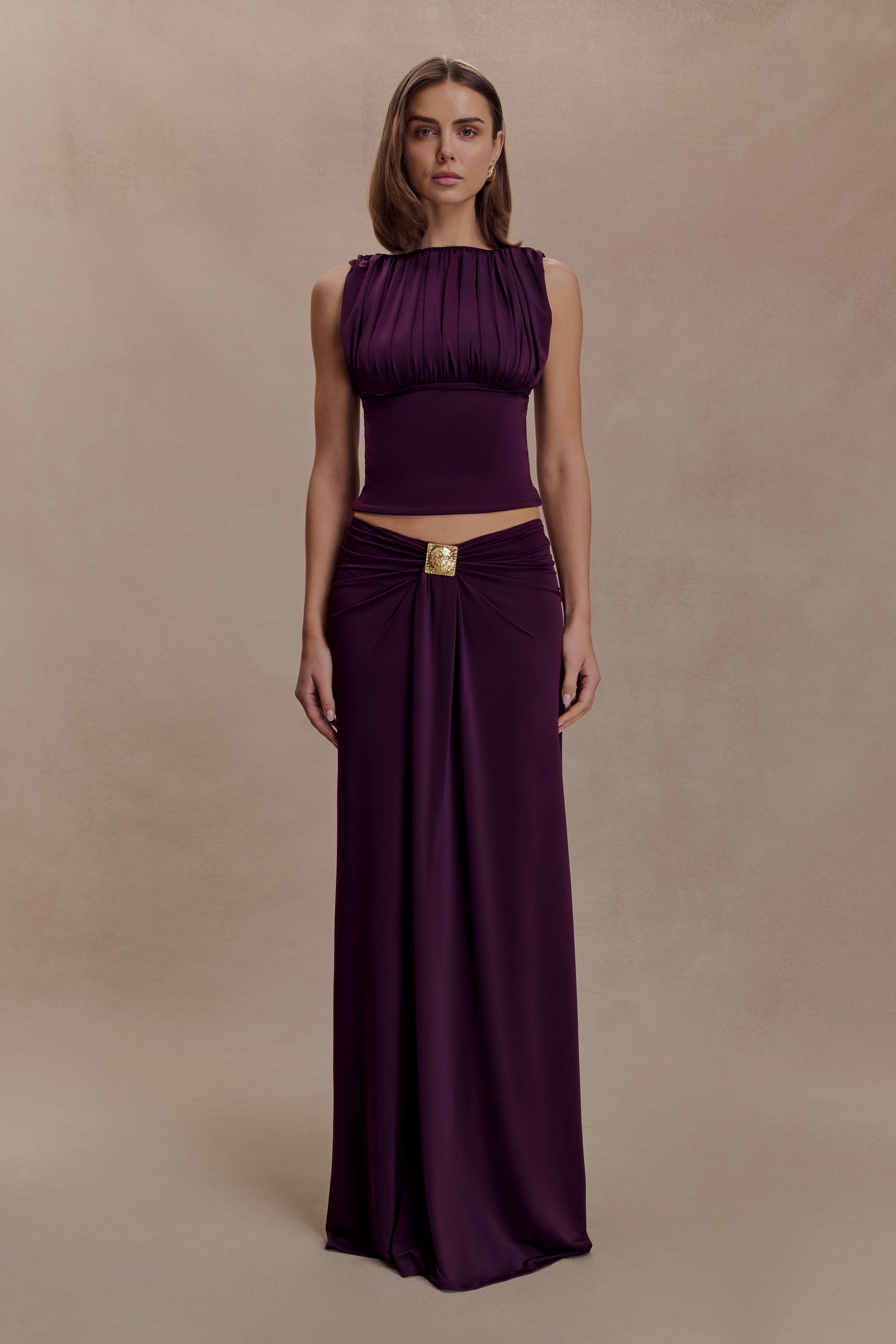 Gathering Sleeveless Top & Metal Decorations Maxi Skirt Set