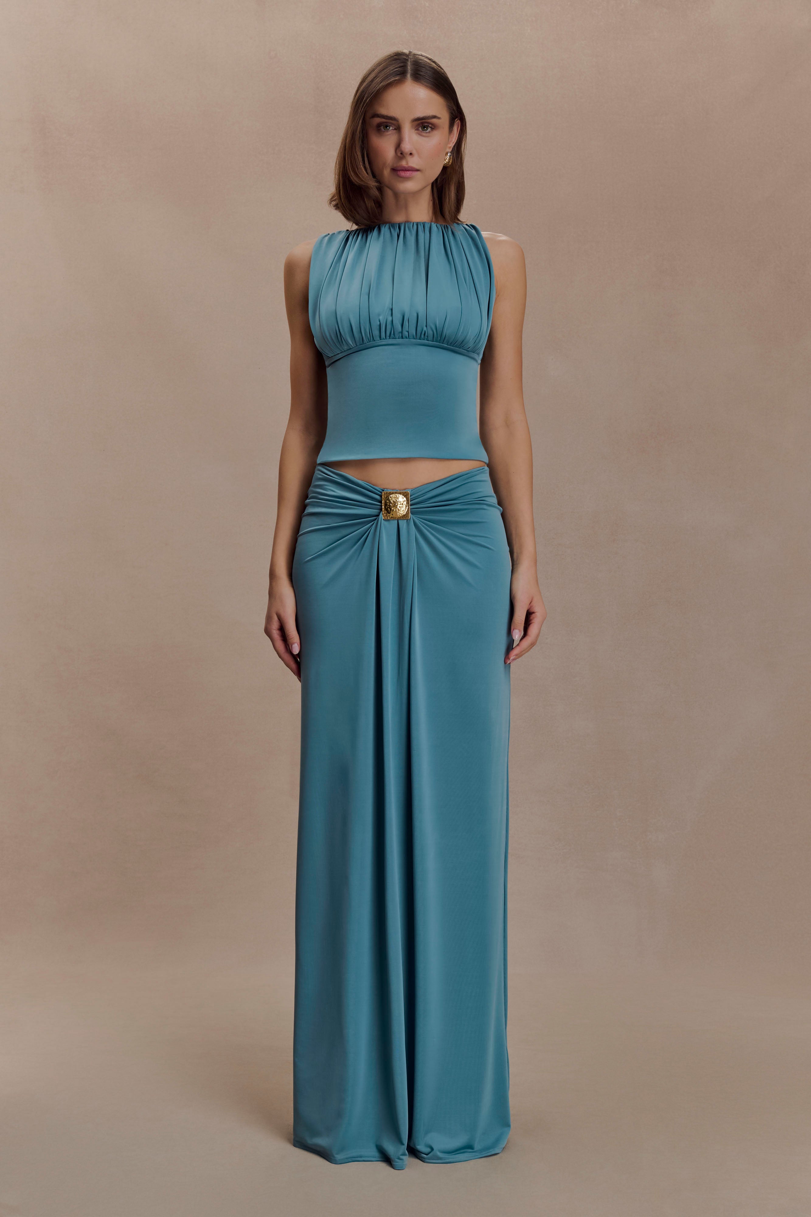Gathering Sleeveless Top & Metal Decorations Maxi Skirt Set