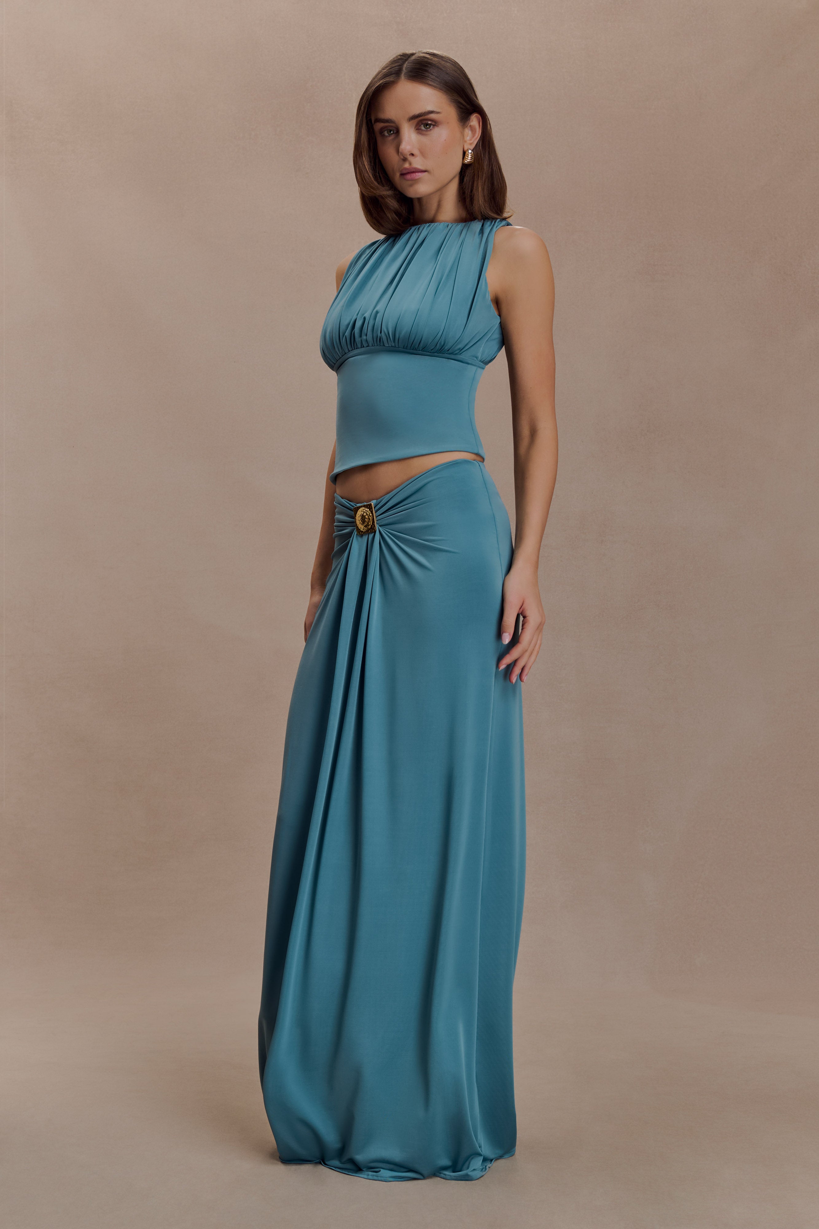 Gathering Sleeveless Top & Metal Decorations Maxi Skirt Set
