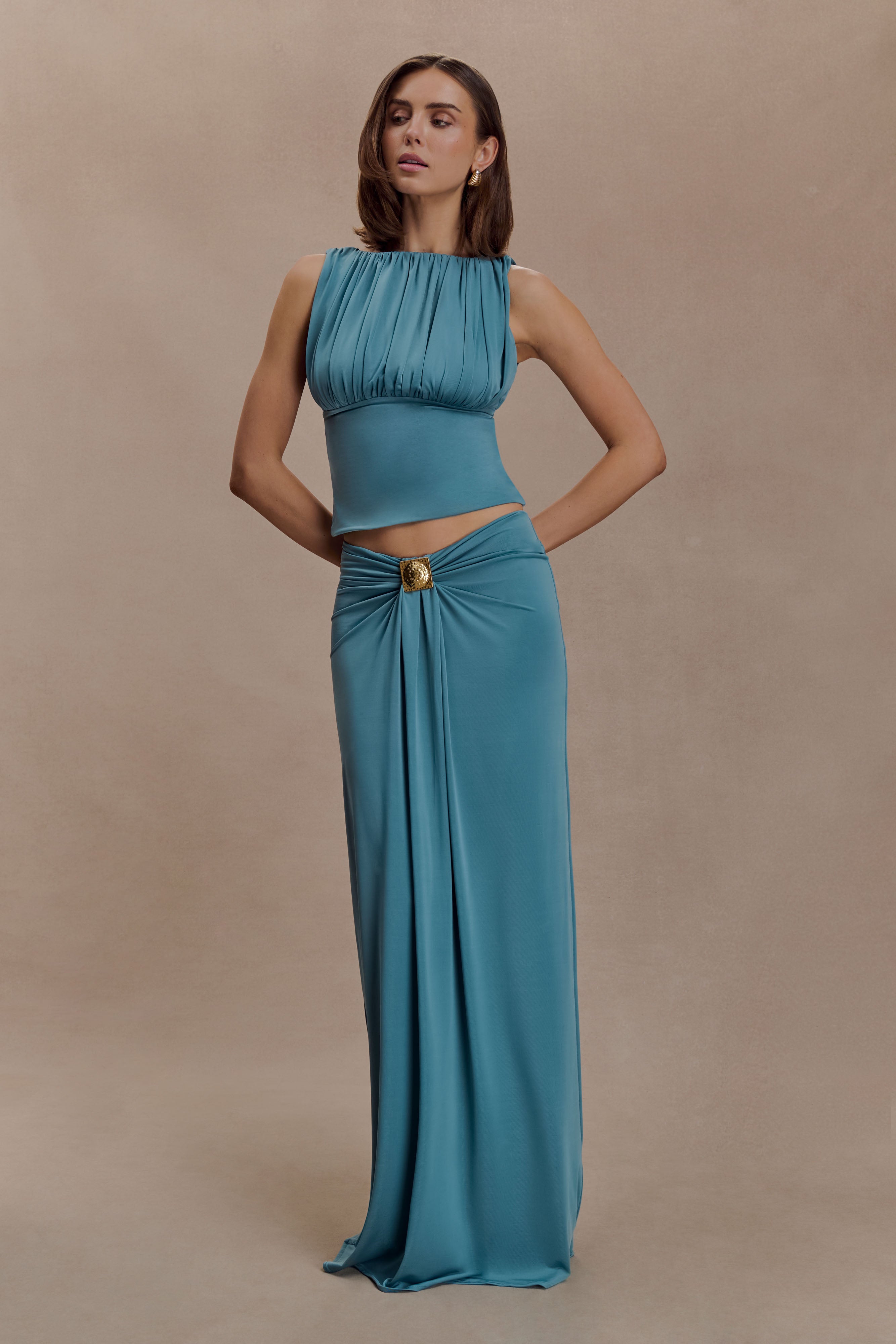 Gathering Sleeveless Top & Metal Decorations Maxi Skirt Set