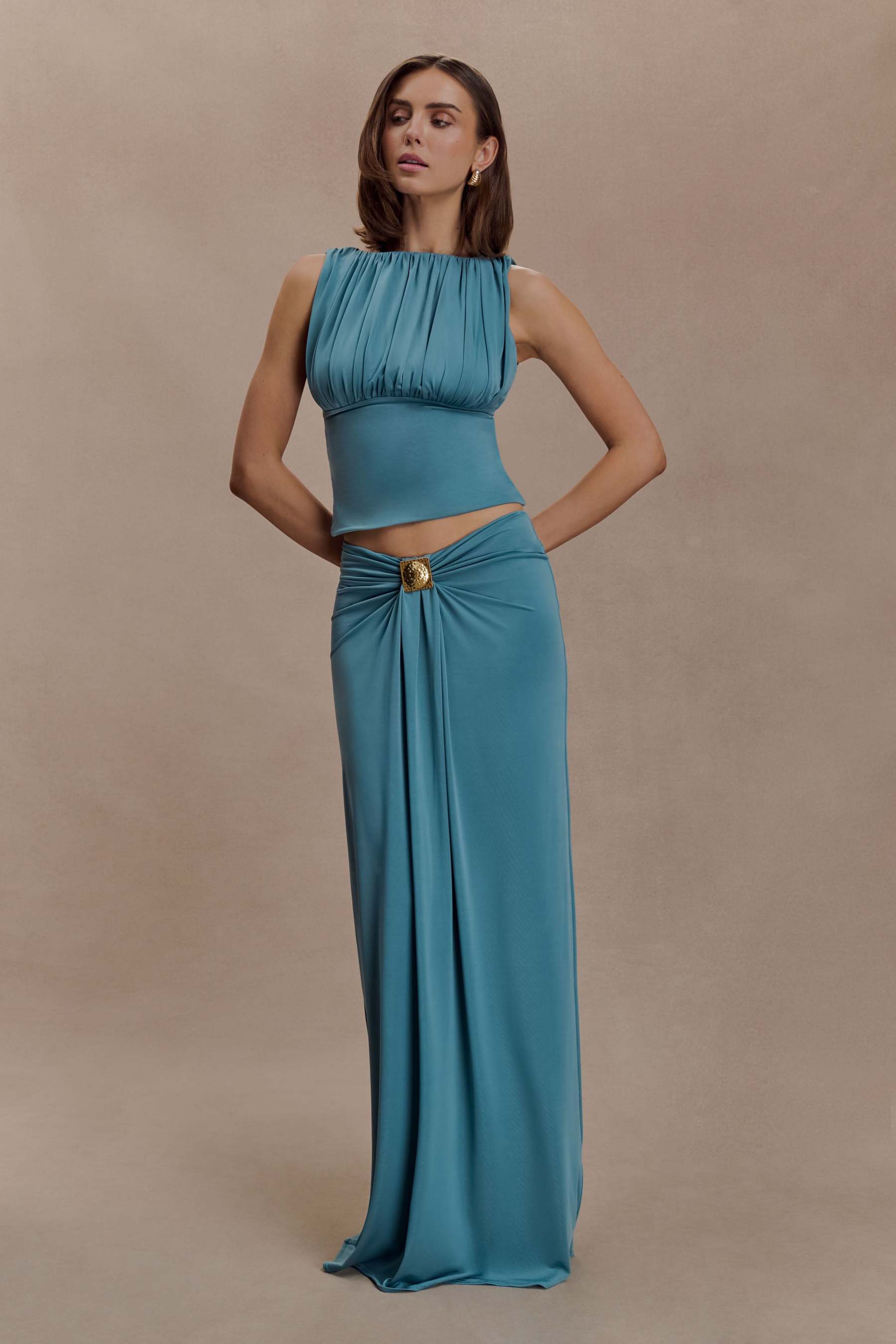 Gathering Sleeveless Top & Metal Decorations Maxi Skirt Set