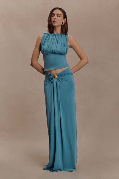 Gathering Sleeveless Top & Metal Decorations Maxi Skirt Set
