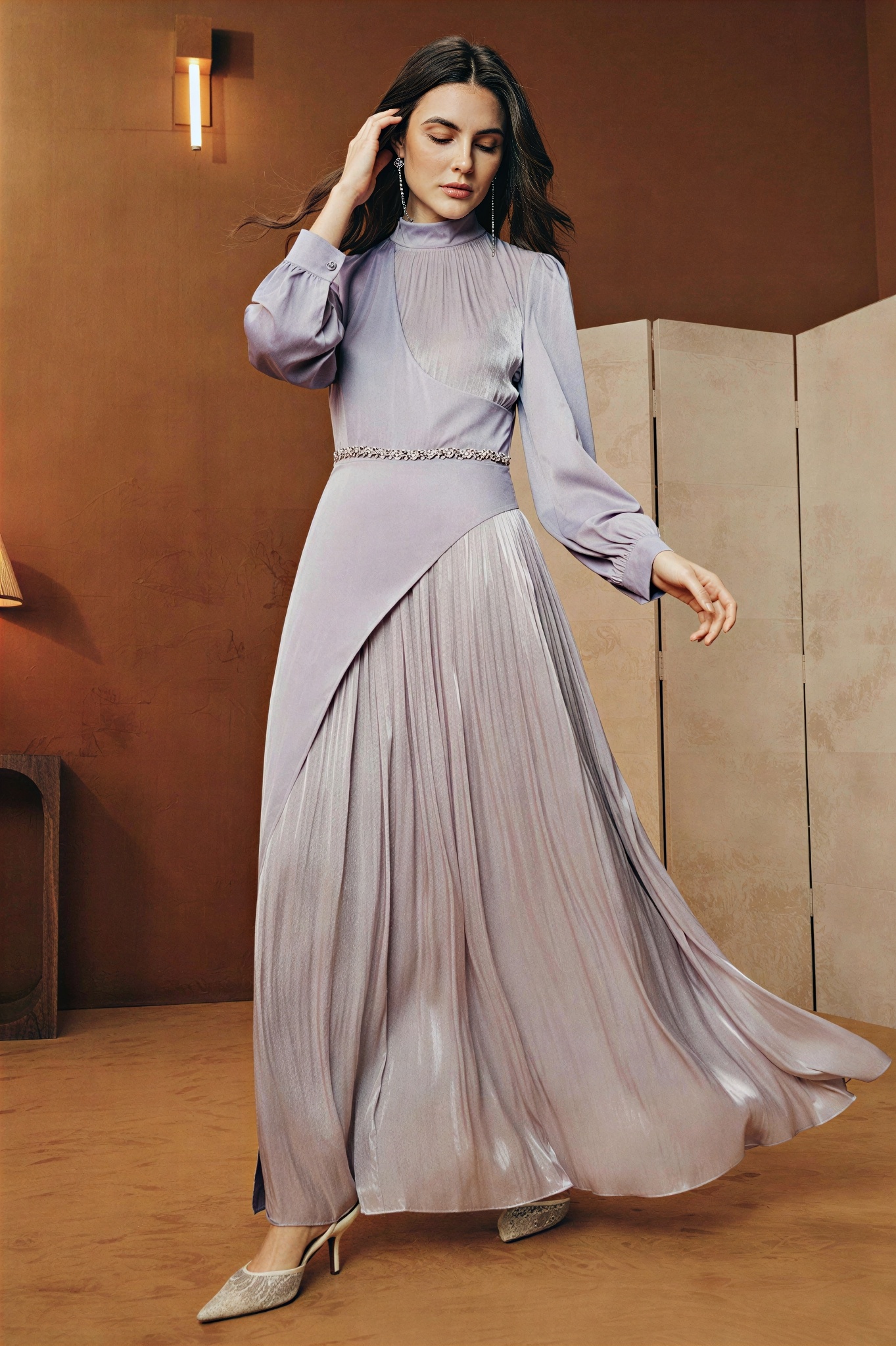 Rhinestone Rivets Satin Long Sleeve Midi Dress