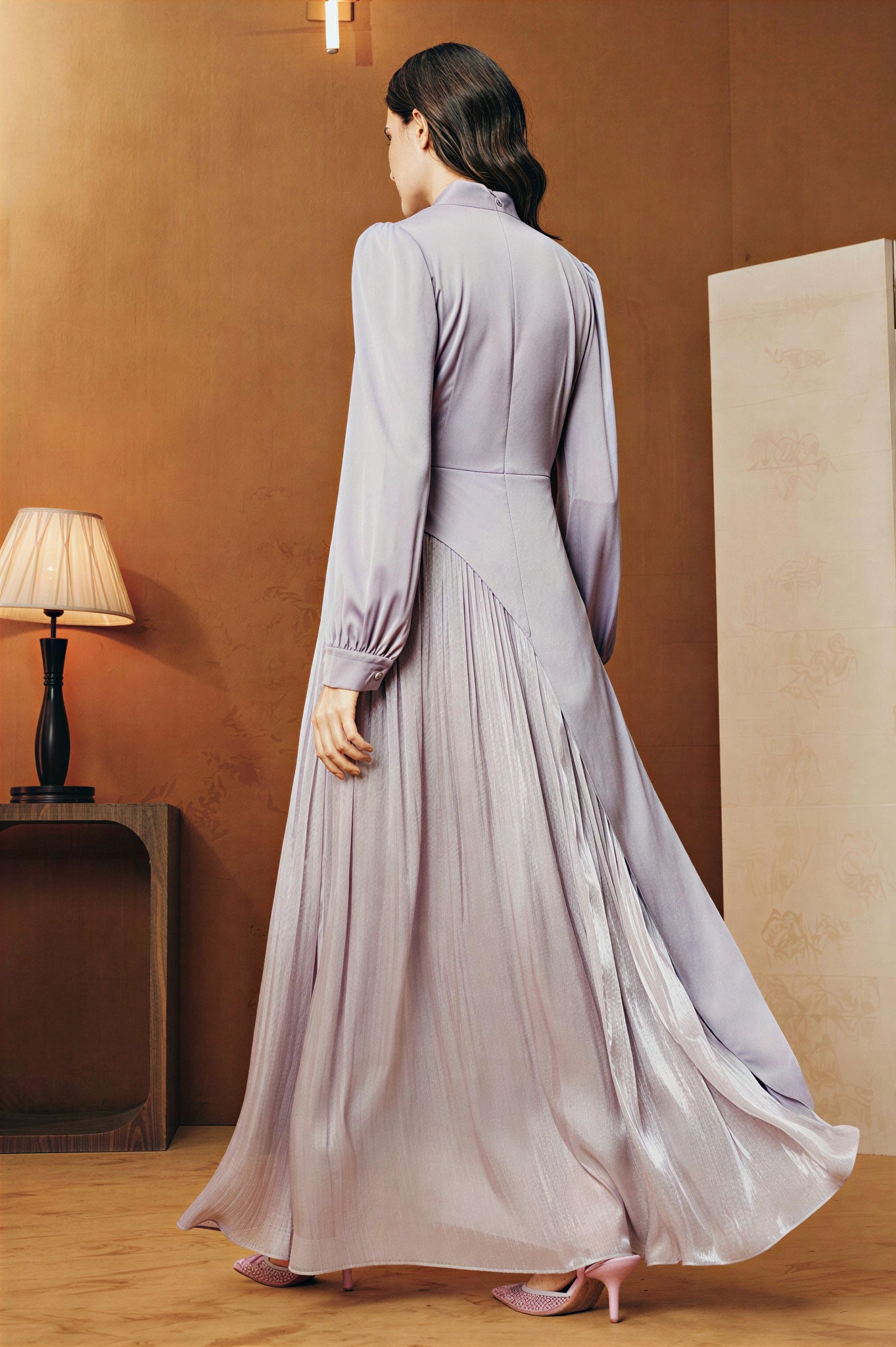 Rhinestone Rivets Satin Long Sleeve Midi Dress