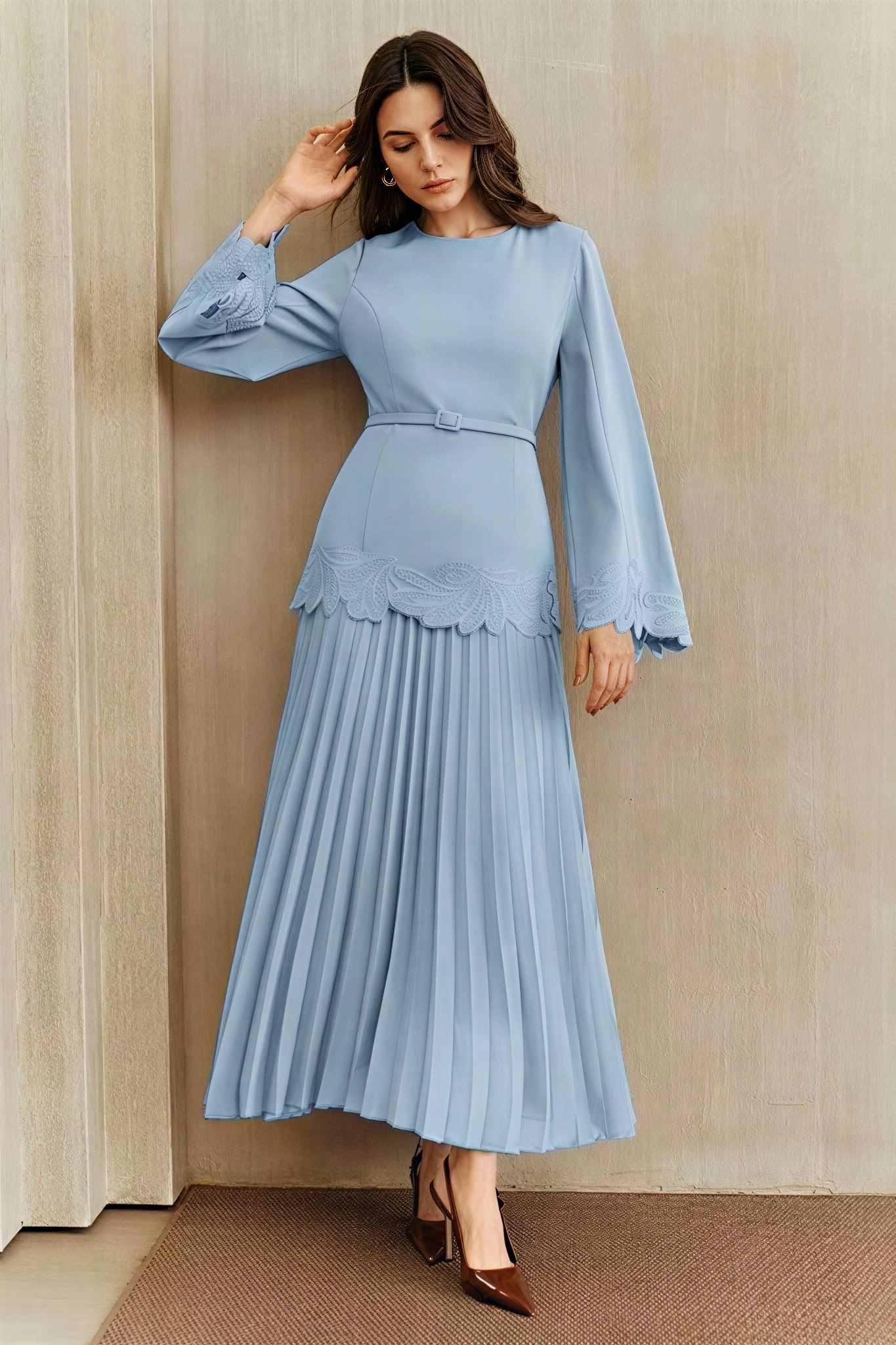 Embroidered  Pleated Midi Dress With Belt