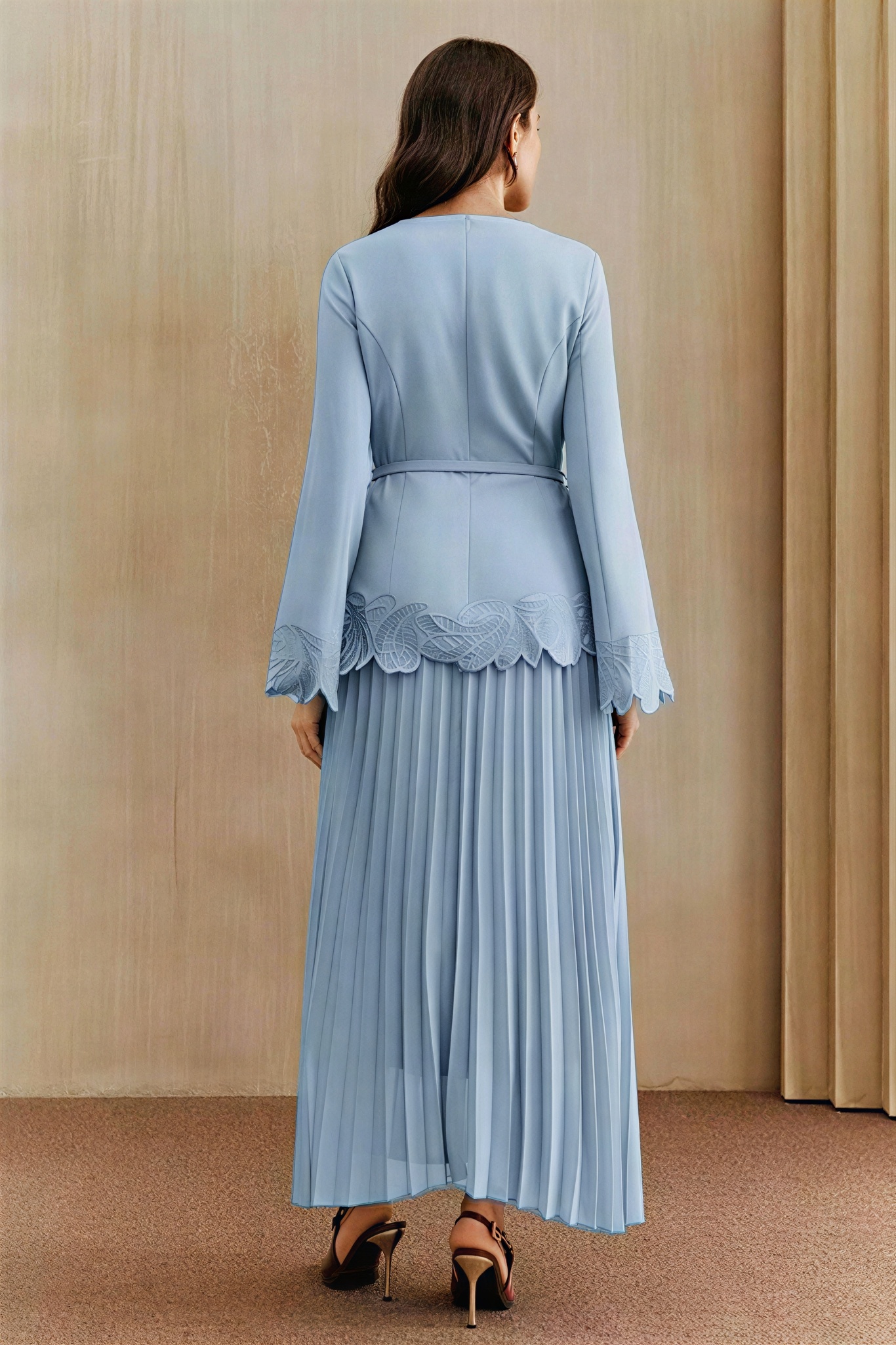 Embroidered  Pleated Midi Dress With Belt