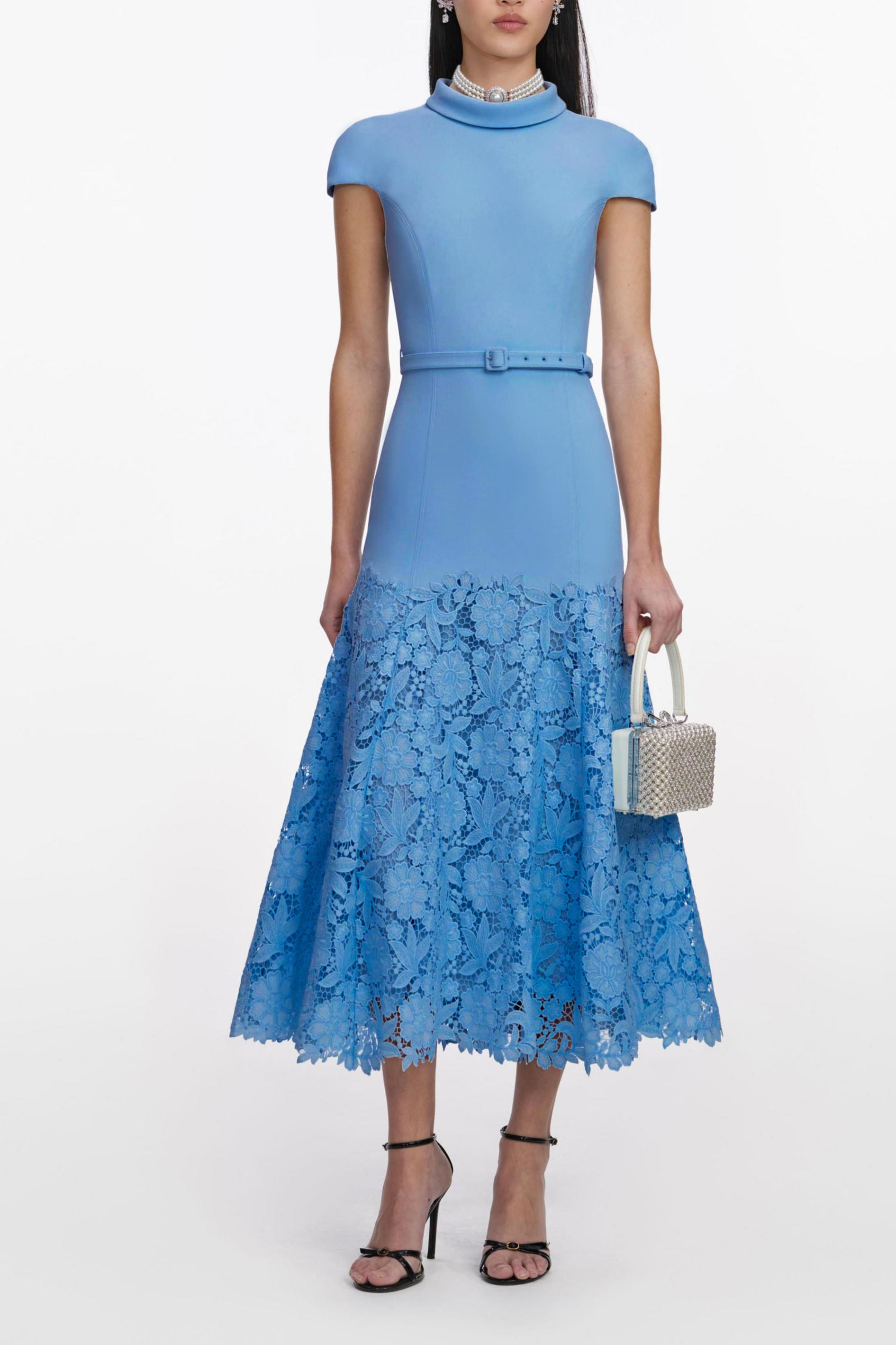 Lace Stand Collar Midi Dress With Belt