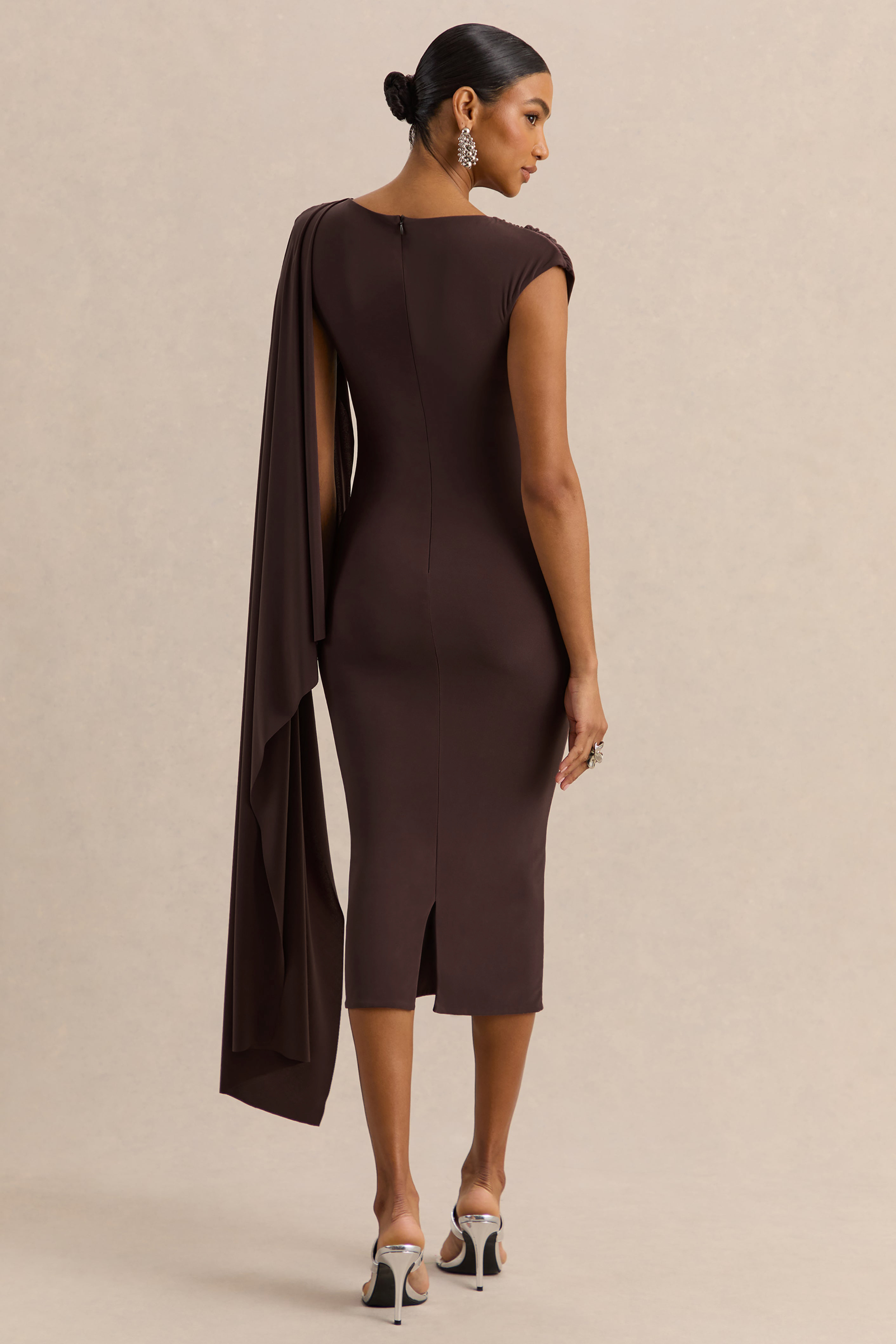 Solid Gathering Asymmetrical Neck Midi Dress