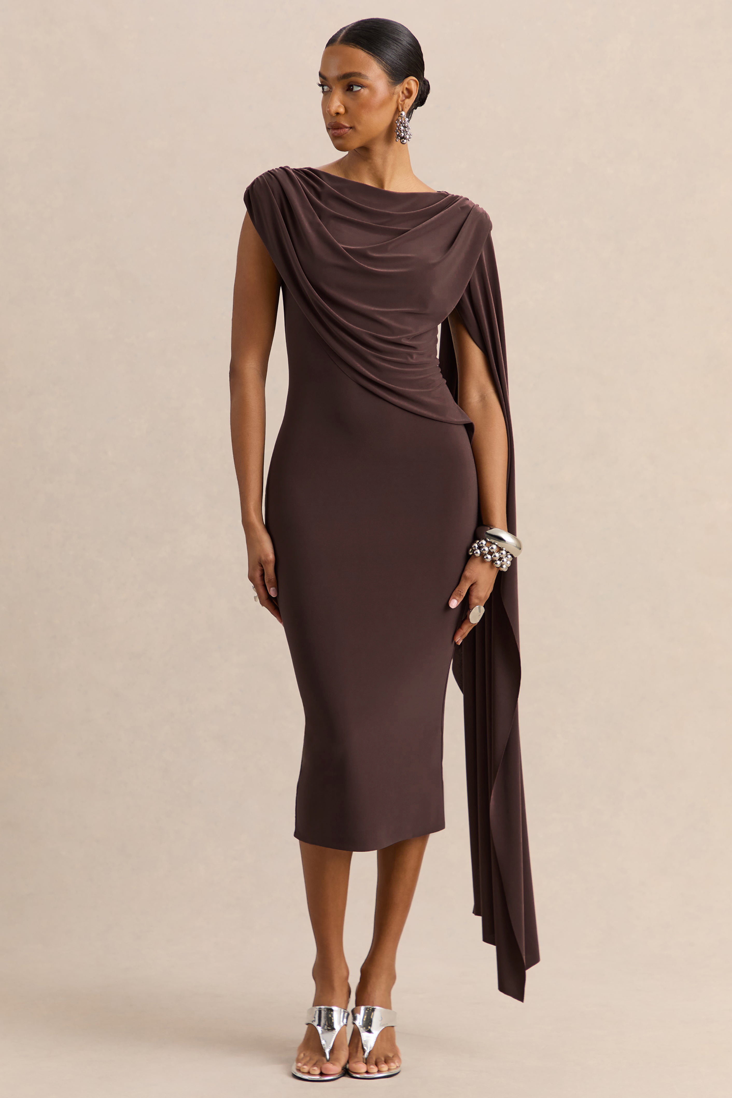 Solid Gathering Asymmetrical Neck Midi Dress