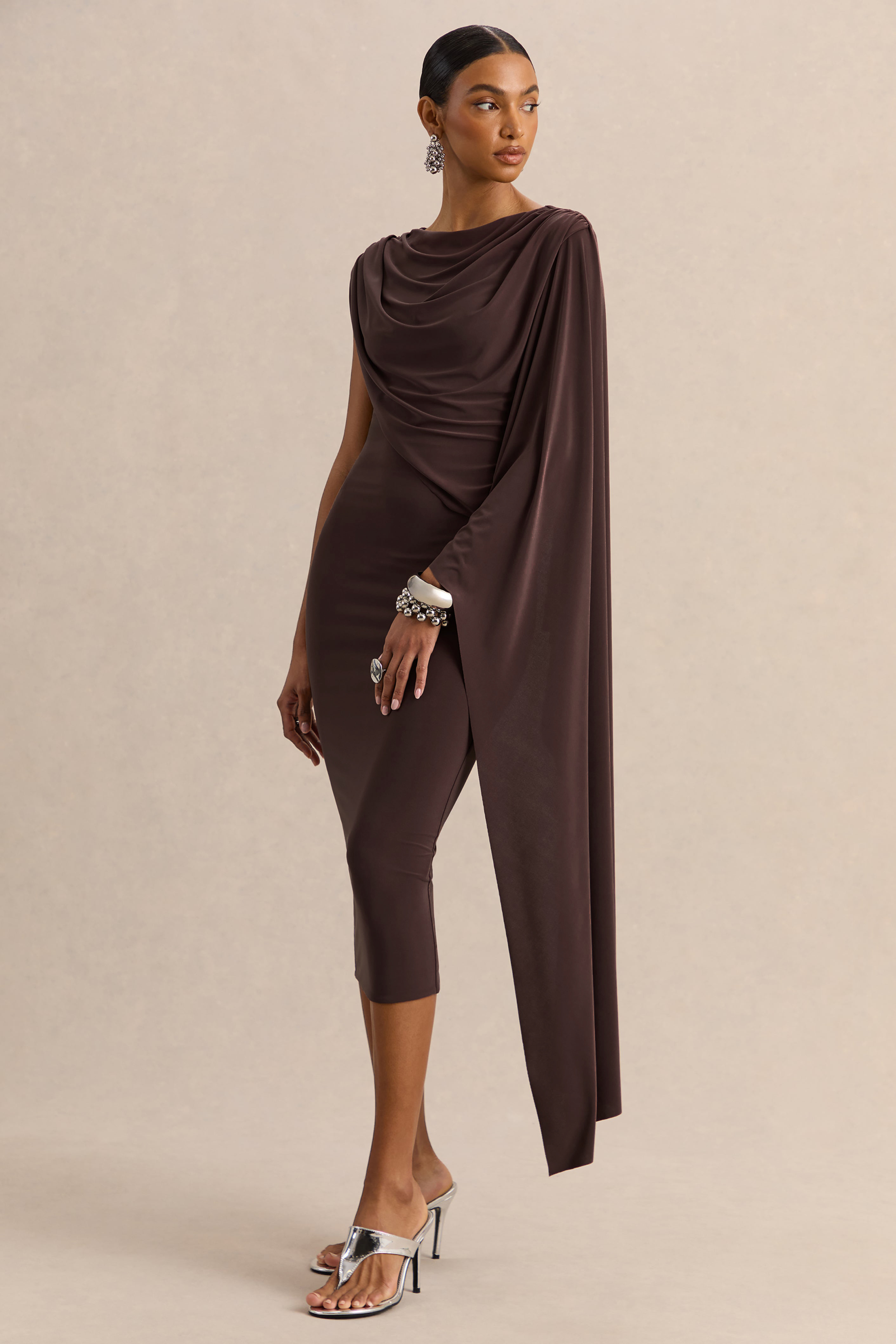 Solid Gathering Asymmetrical Neck Midi Dress
