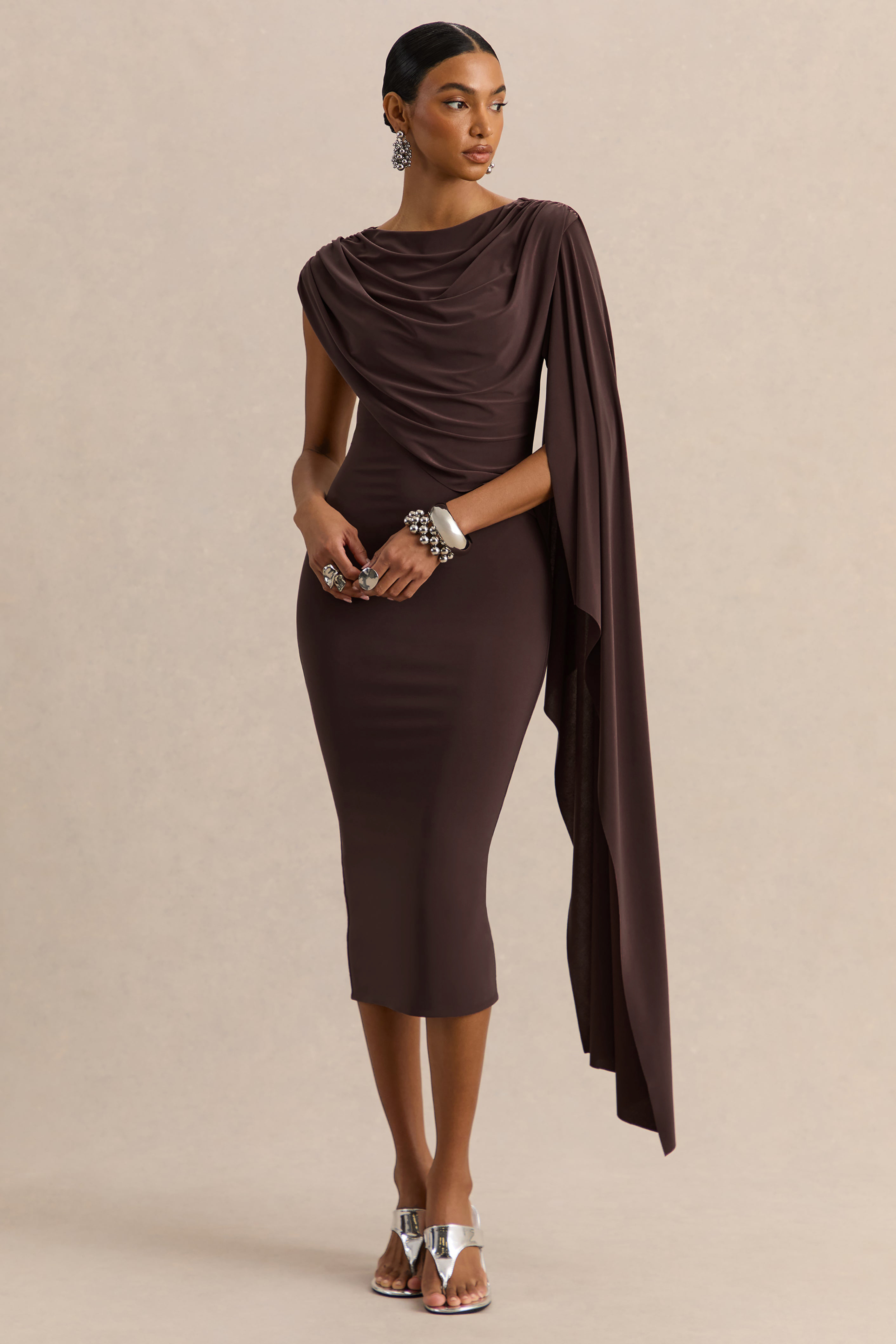 Solid Gathering Asymmetrical Neck Midi Dress